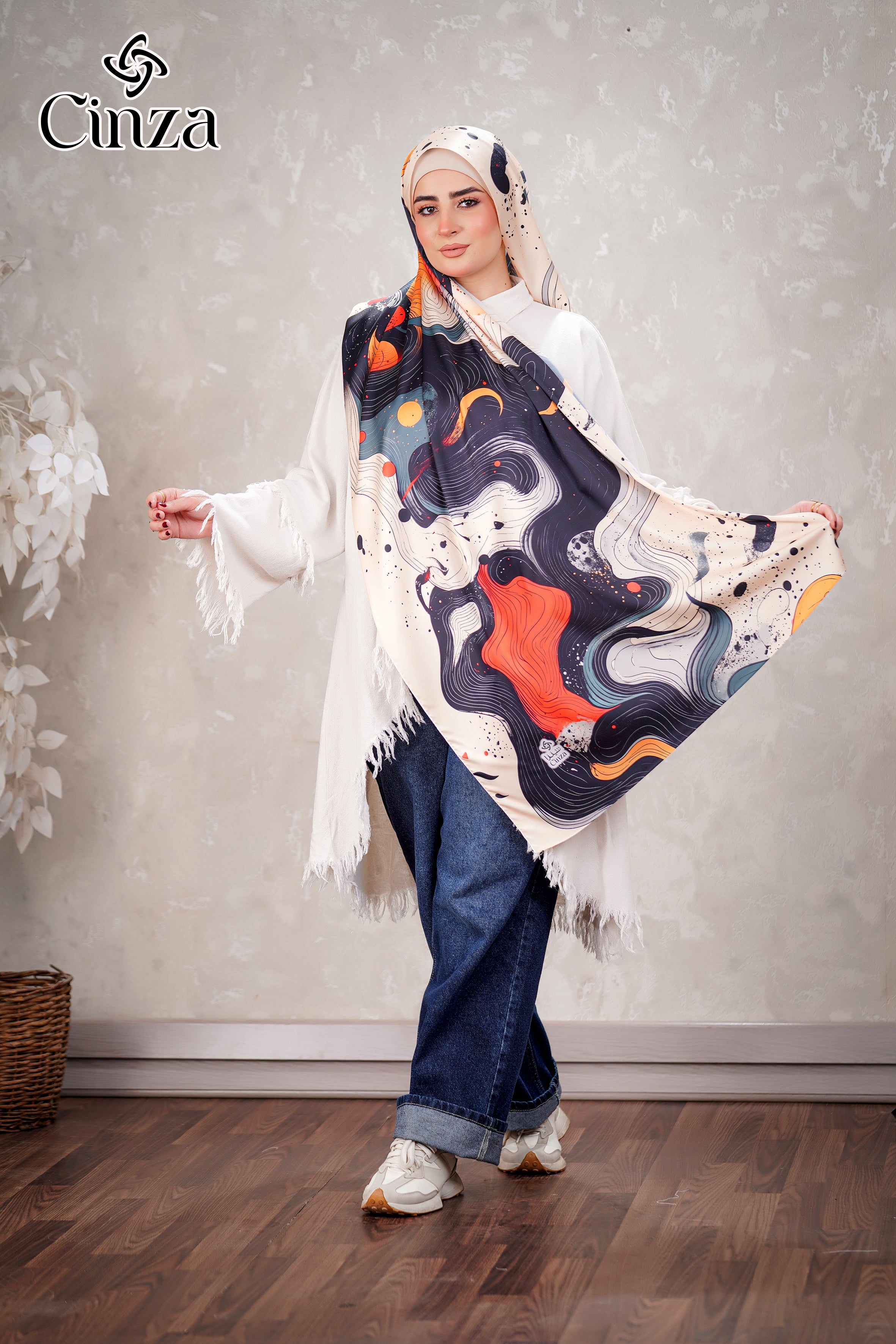 Floral Printed Satin Hijab | Rosa Soft Satin Hijab | Cinza – cinza