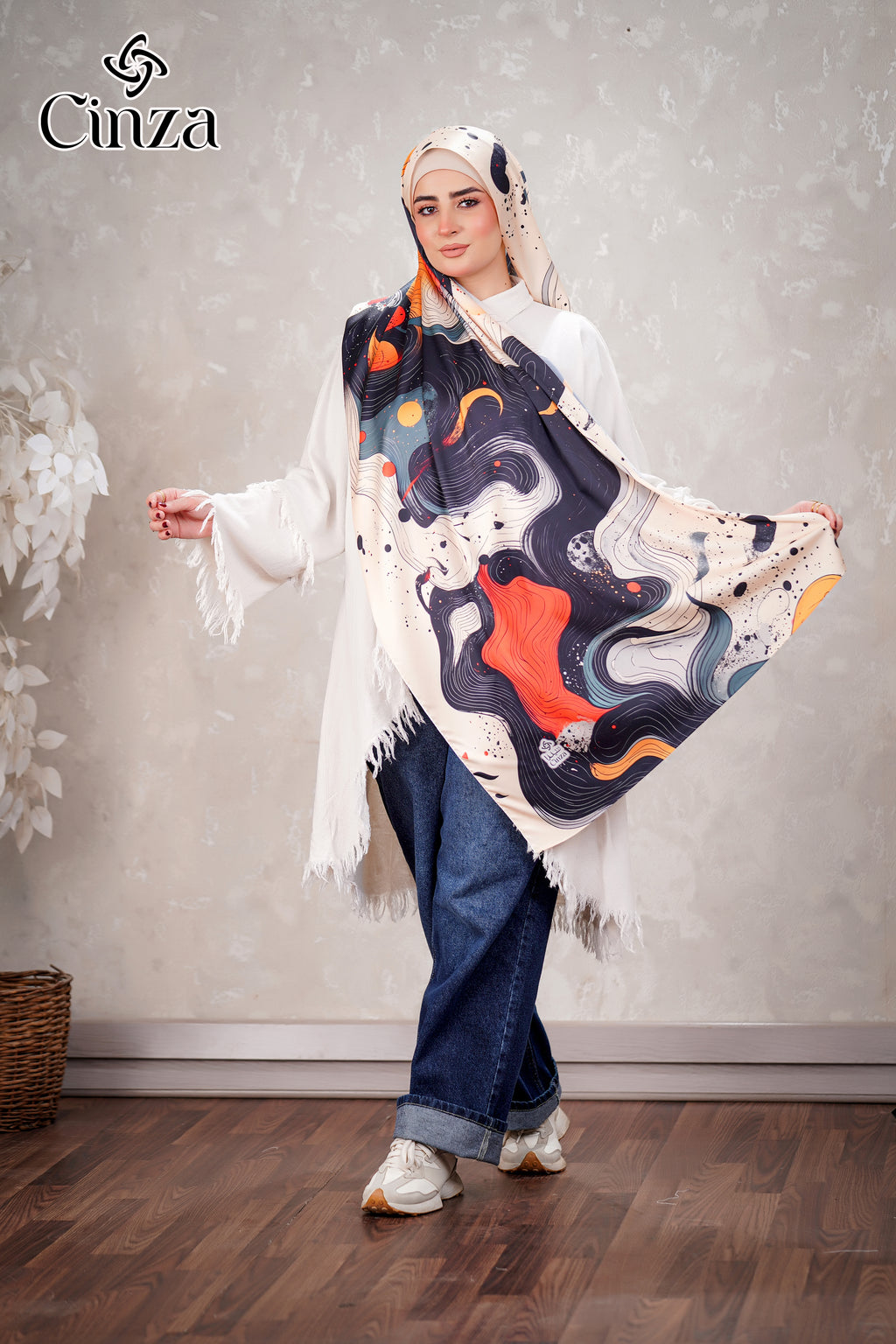 Aura abstract printed satin hijab by Cinza