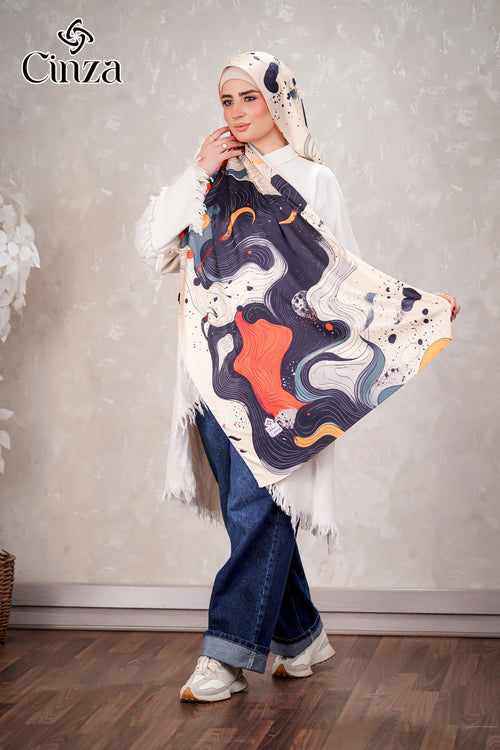 Printed satin hijab styled on model
