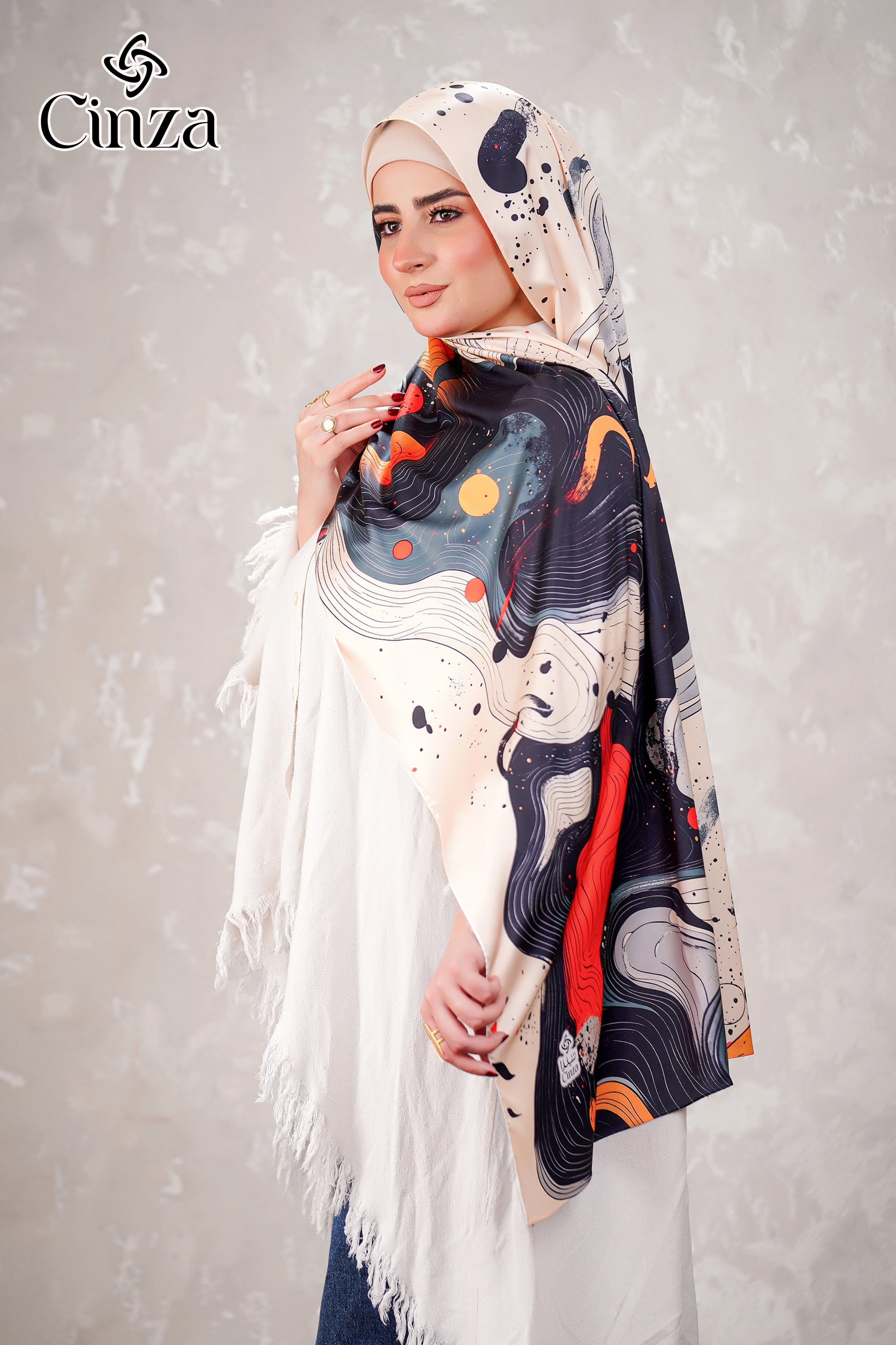 Soft satin hijab with abstract artistic print