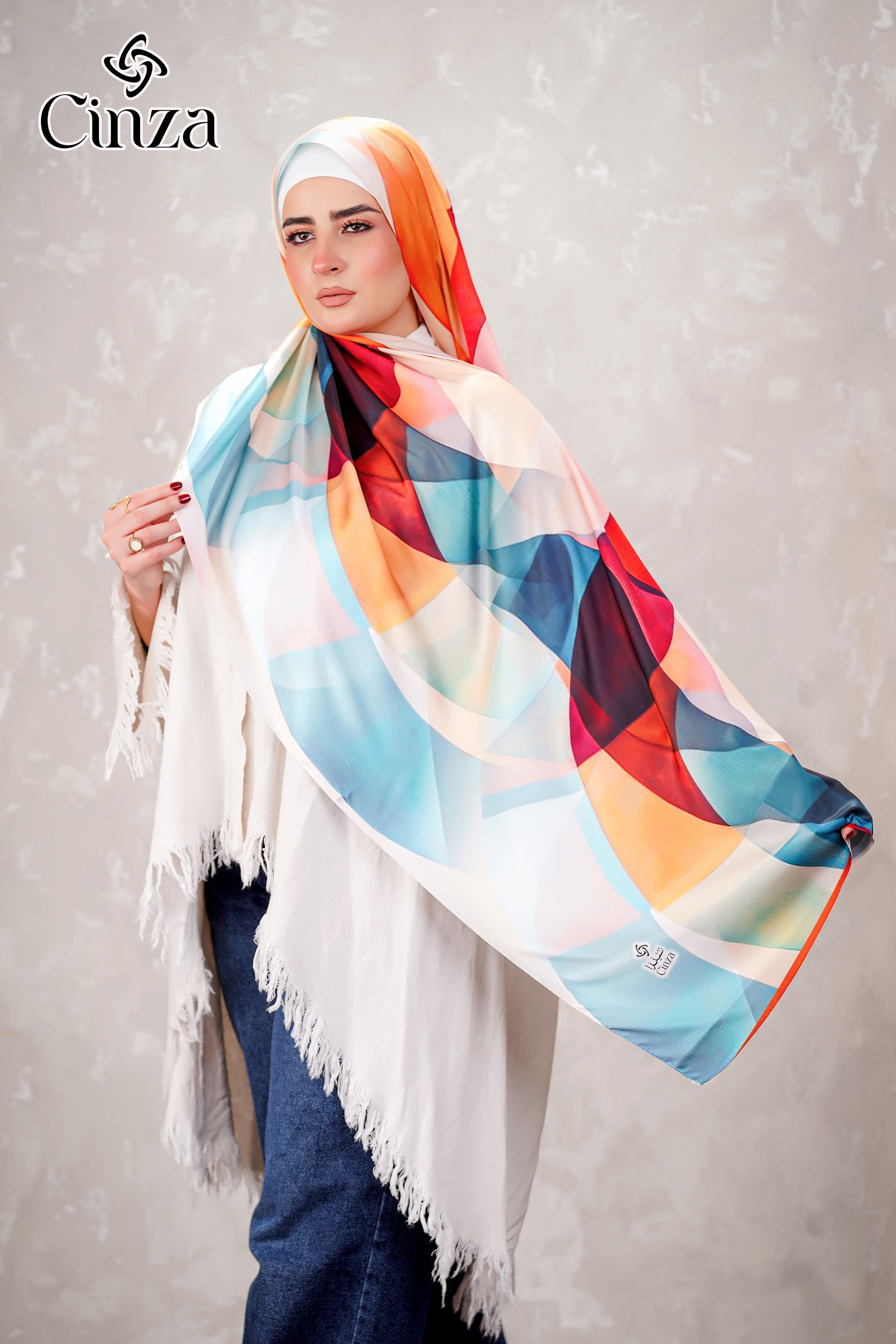 Printed satin hijab styled on model