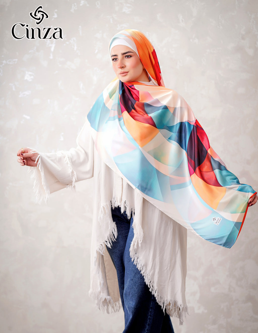 La Danza satin hijab with orange and blue details