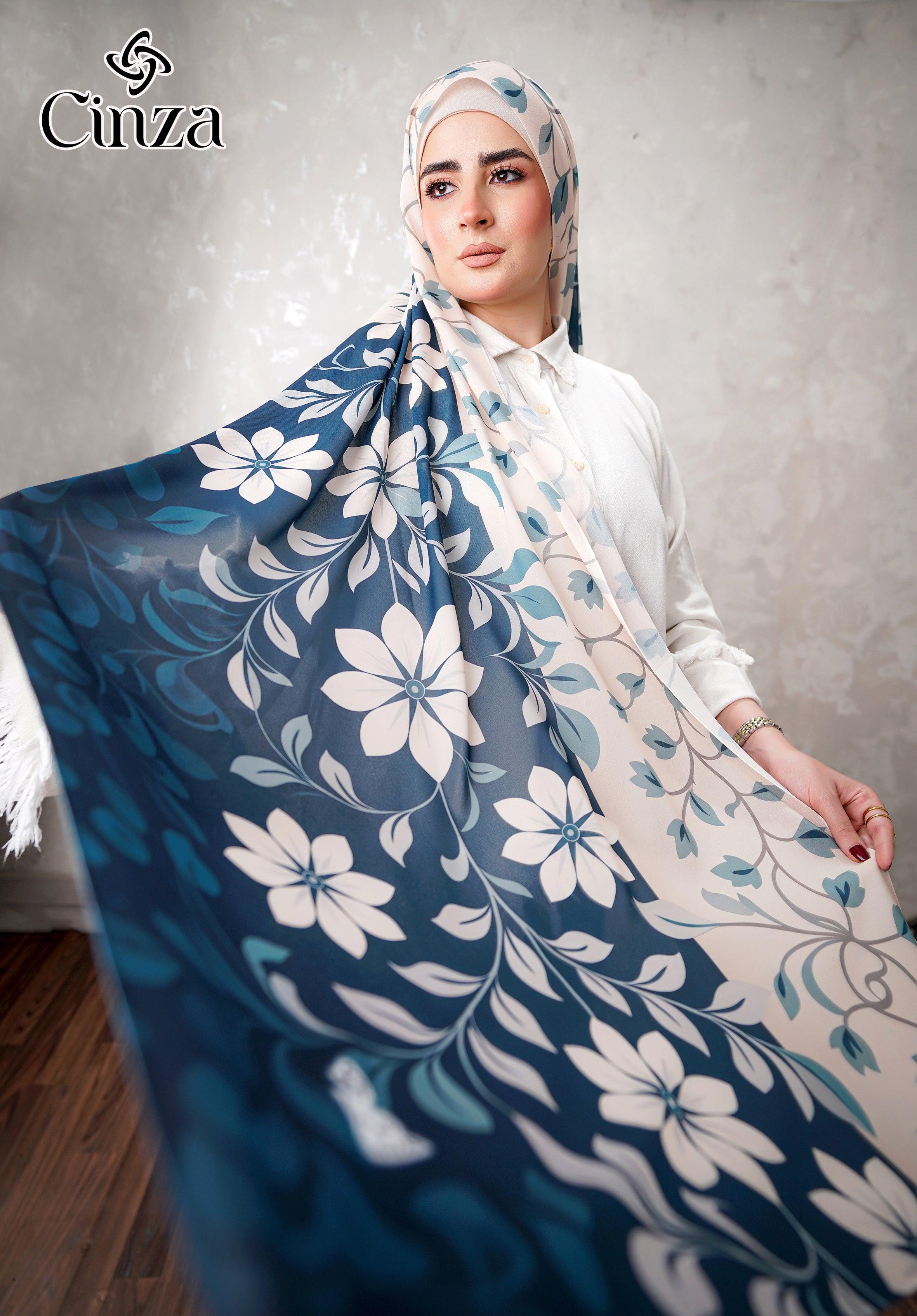 Royal Blossom blue floral chiffon hijab by Cinza