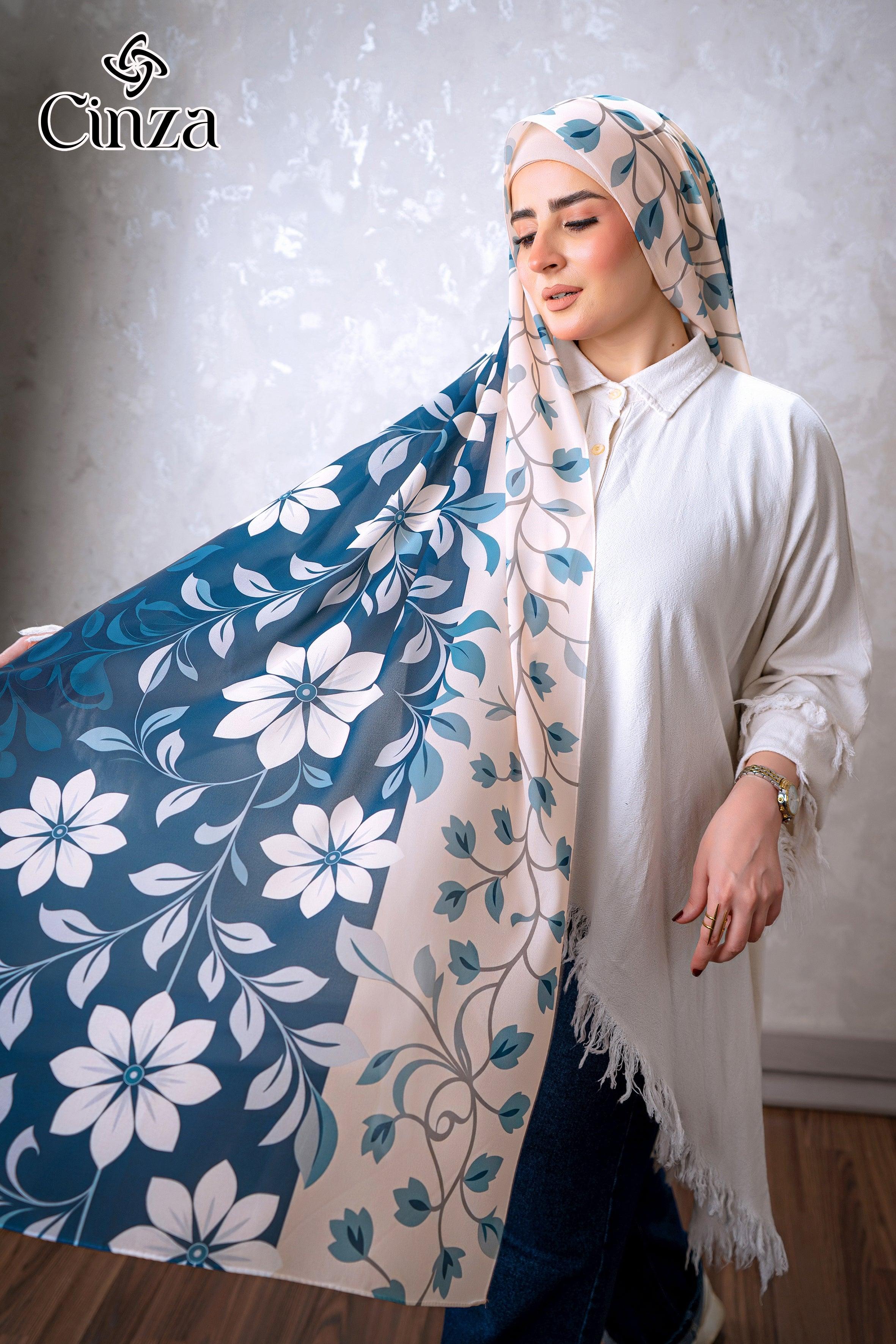 Blue floral chiffon hijab styled on model