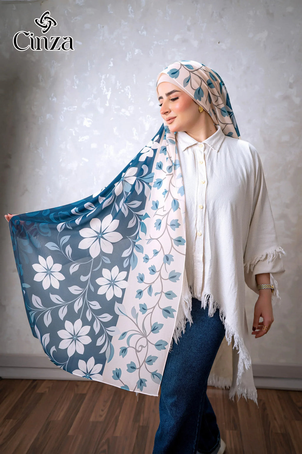 Navy floral print chiffon hijab for women