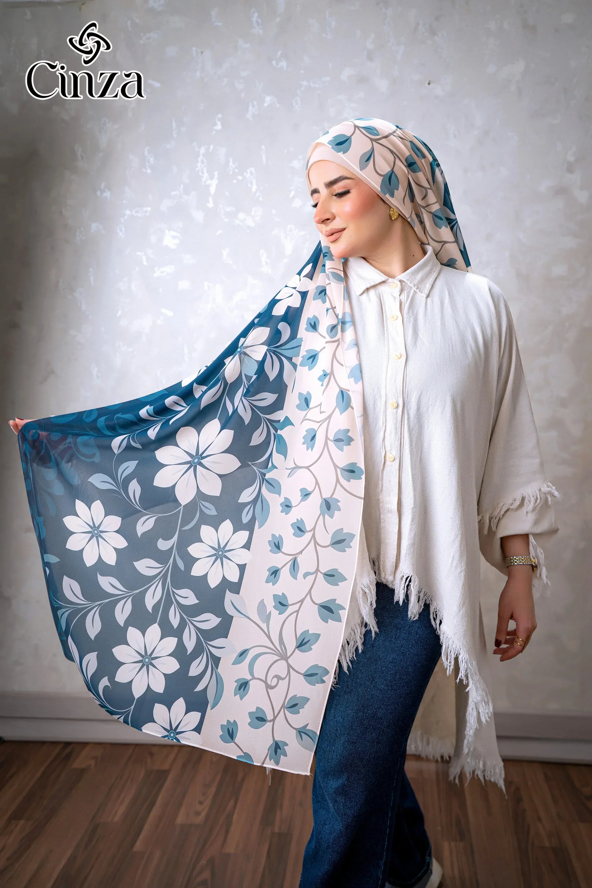 Navy floral print chiffon hijab for women