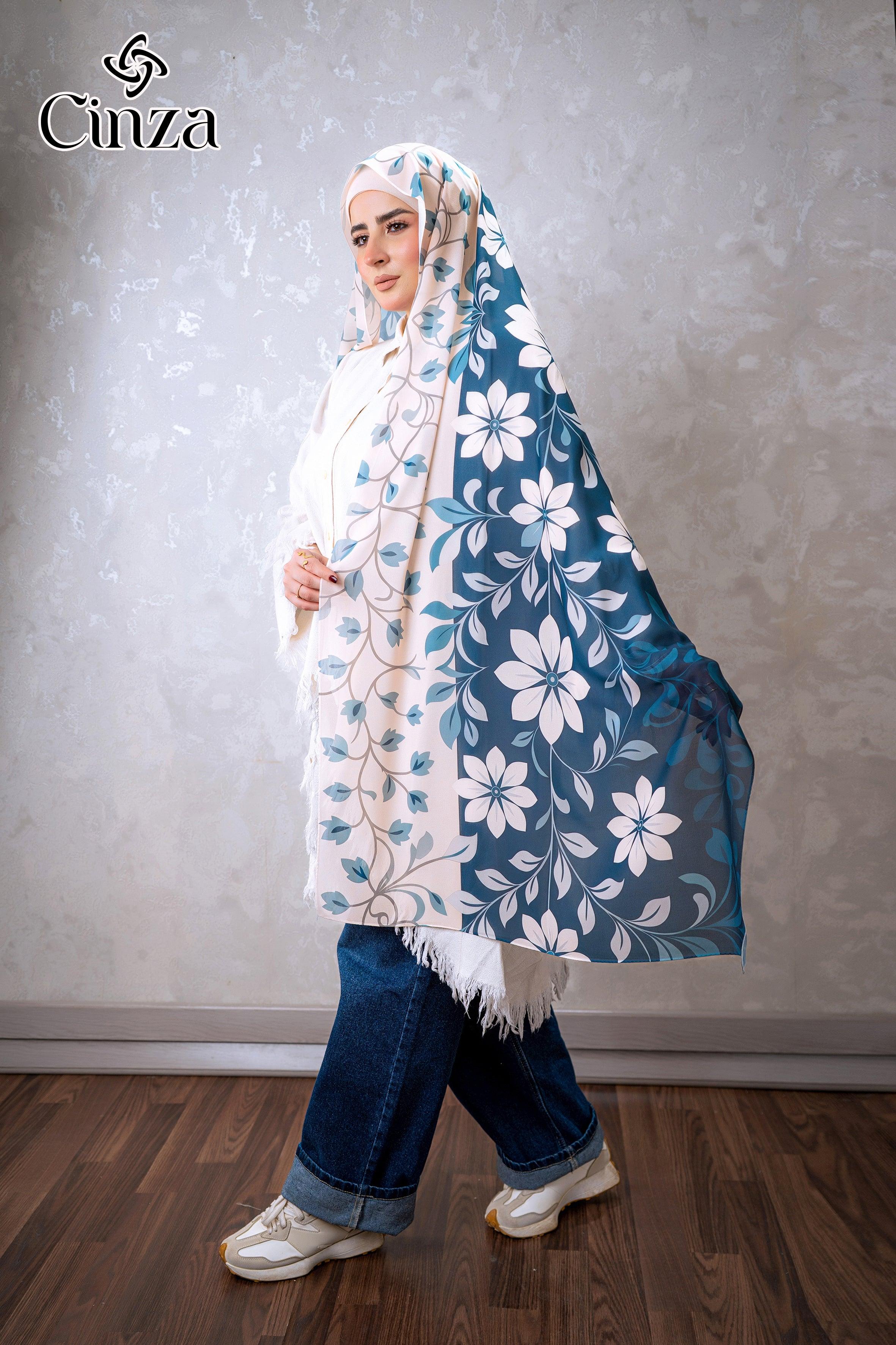 Lightweight blue printed chiffon hijab for modest fashion