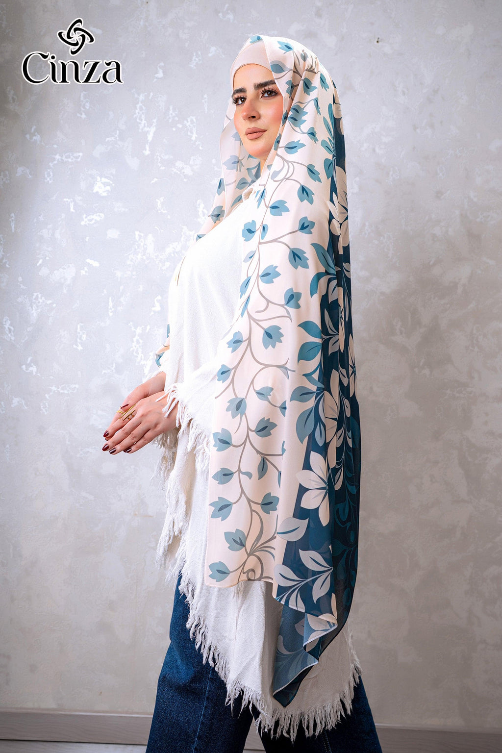 Royal Blossom chiffon hijab with white floral pattern