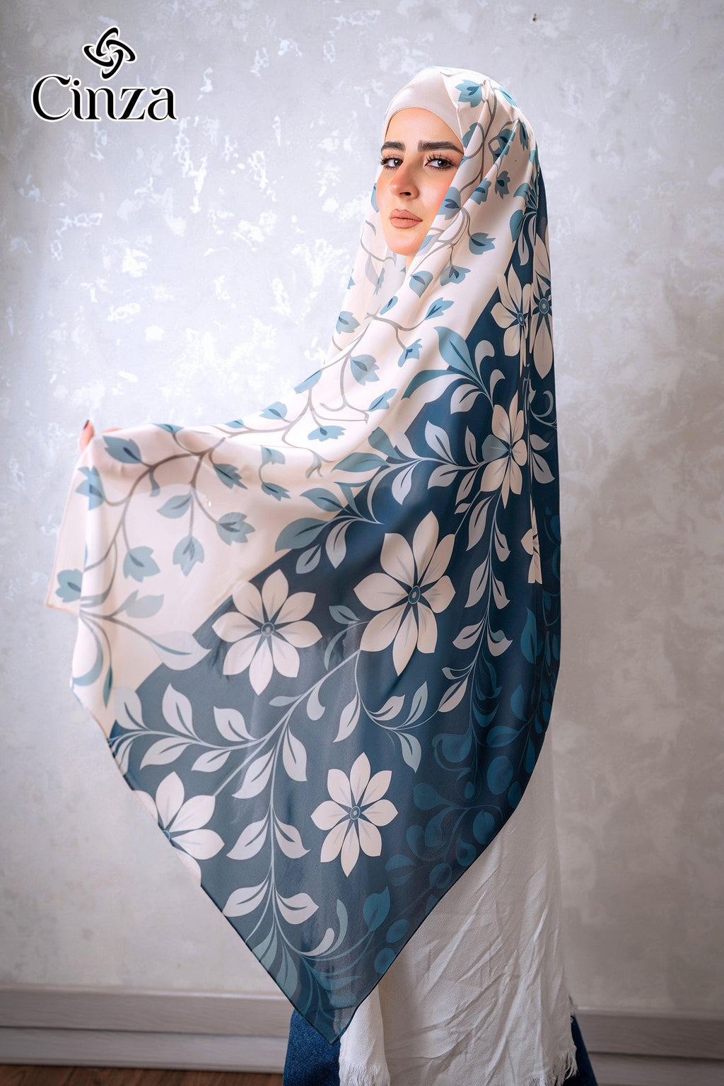 Blue and white floral hijab scarf side view