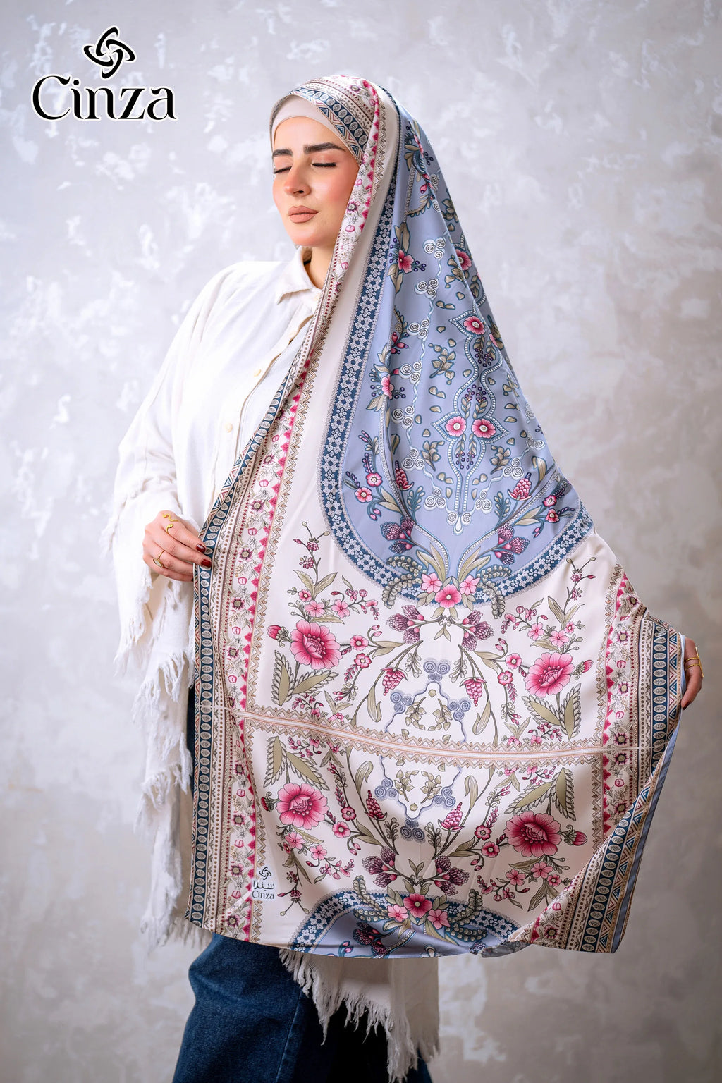 Rosa floral printed satin hijab by Cinza