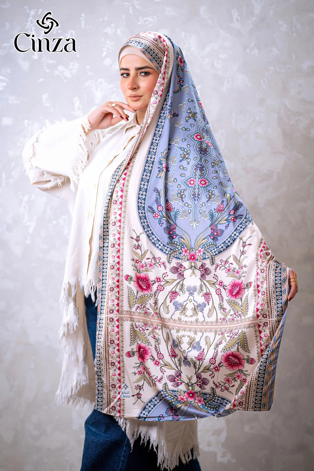 Floral printed satin hijab styled on model