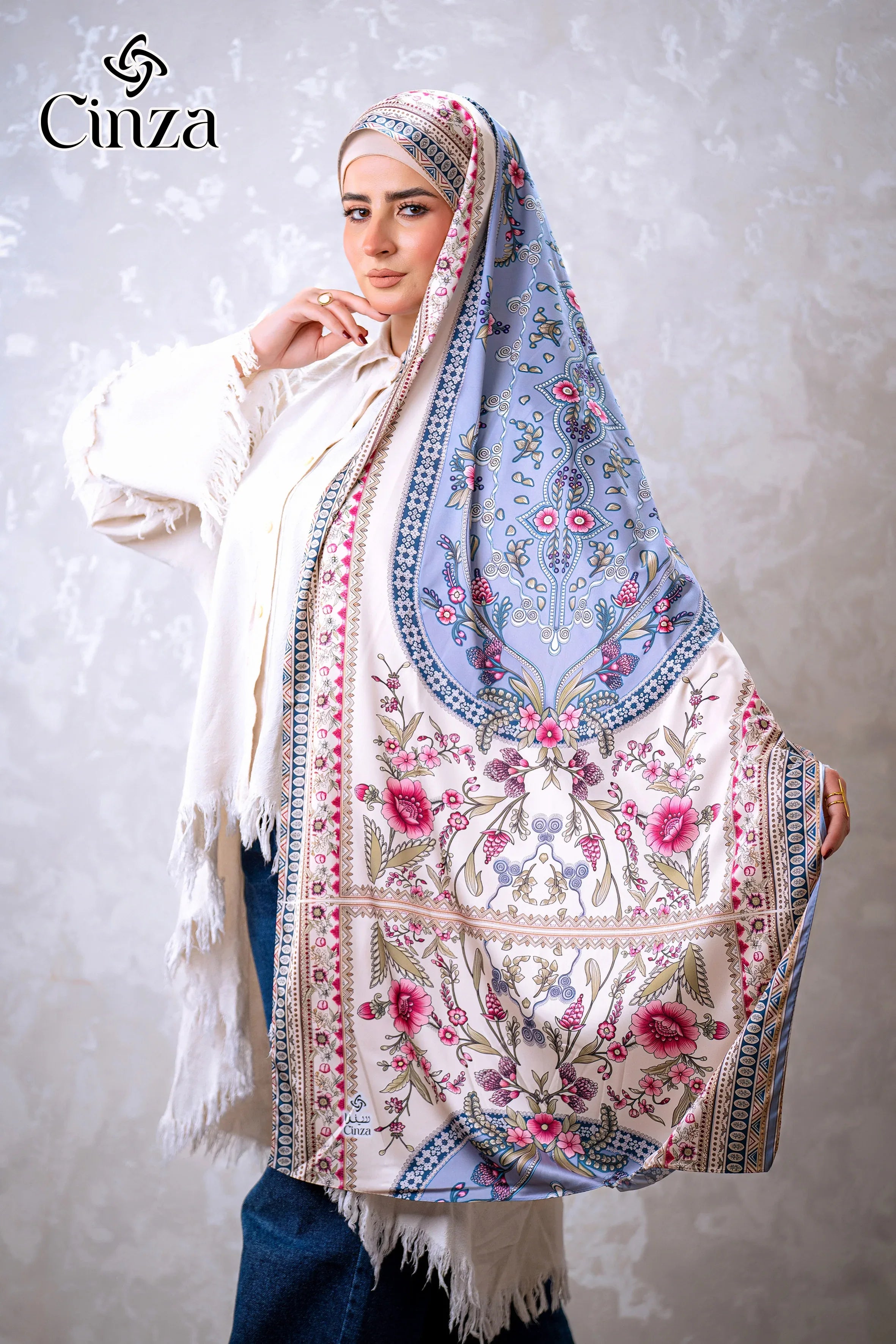 Floral printed satin hijab styled on model