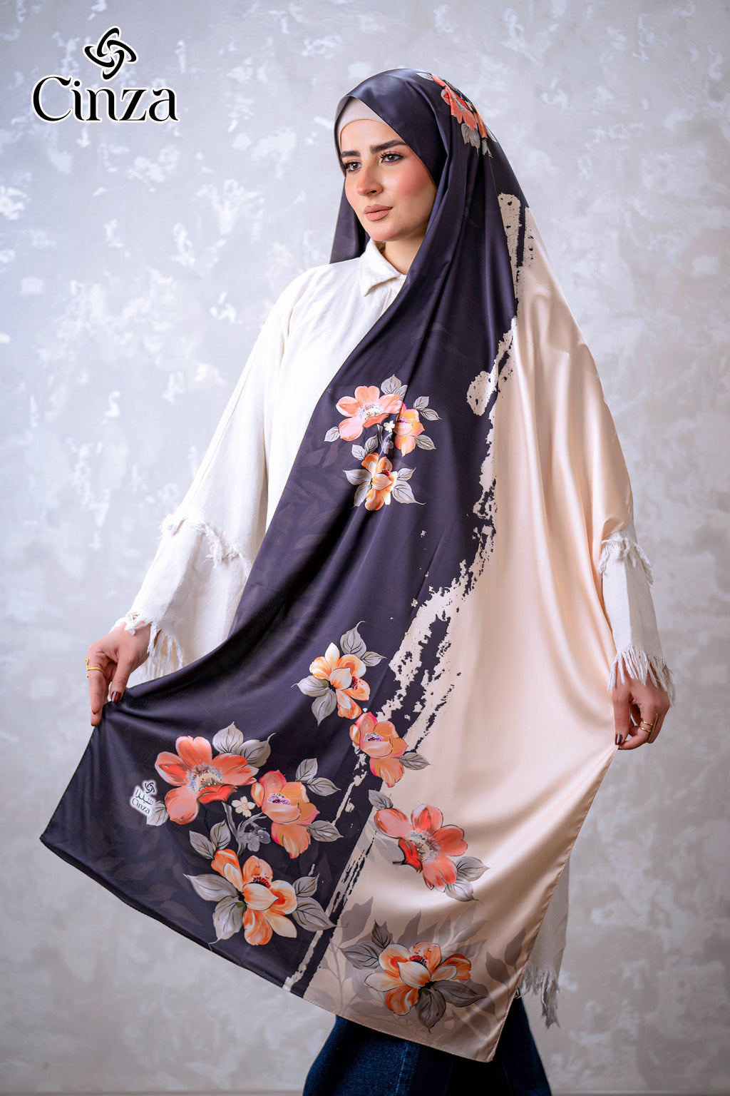 Flora black floral printed satin hijab by Cinza