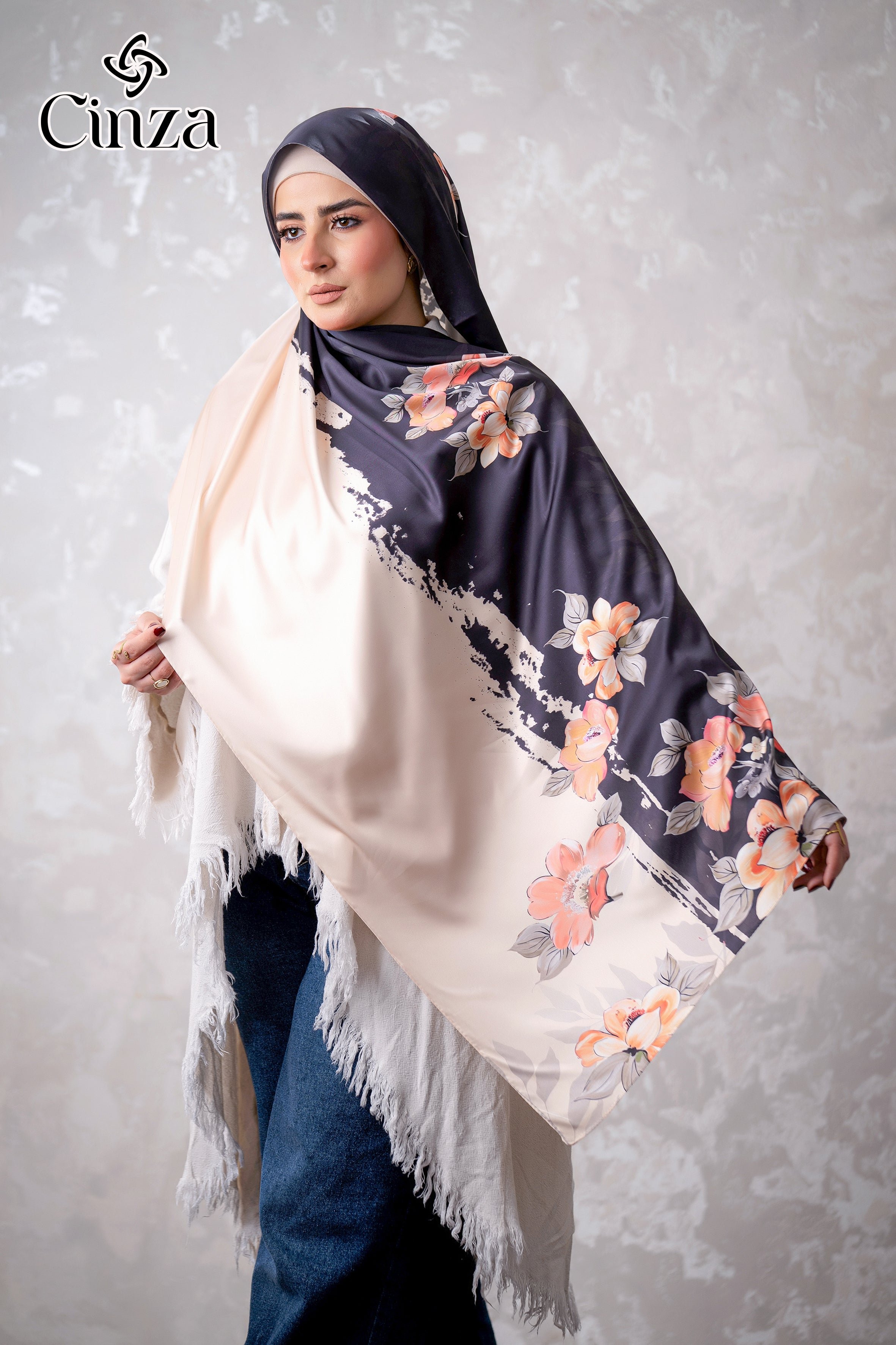 Black floral printed satin hijab styled on model