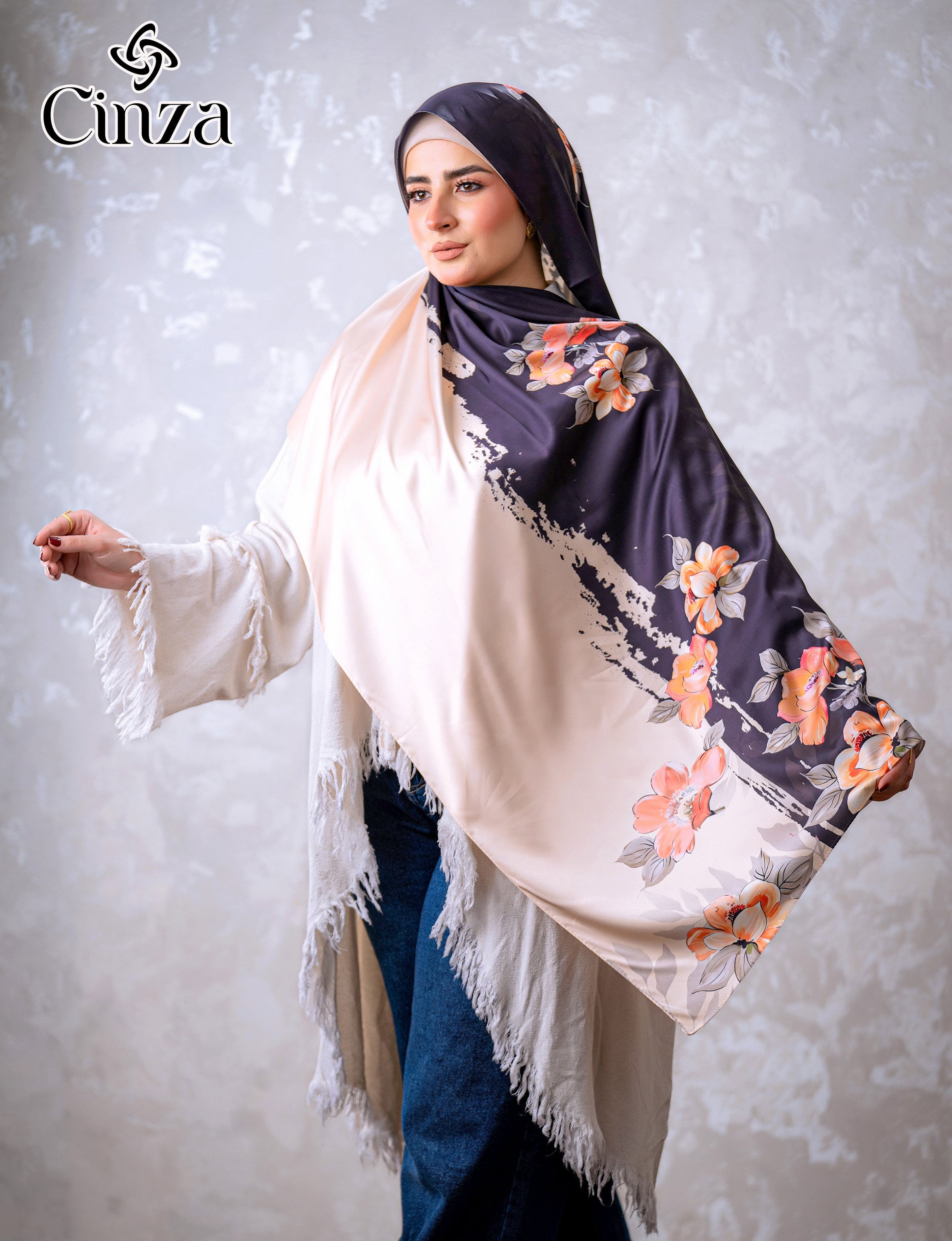 Soft satin hijab with black and cream floral print