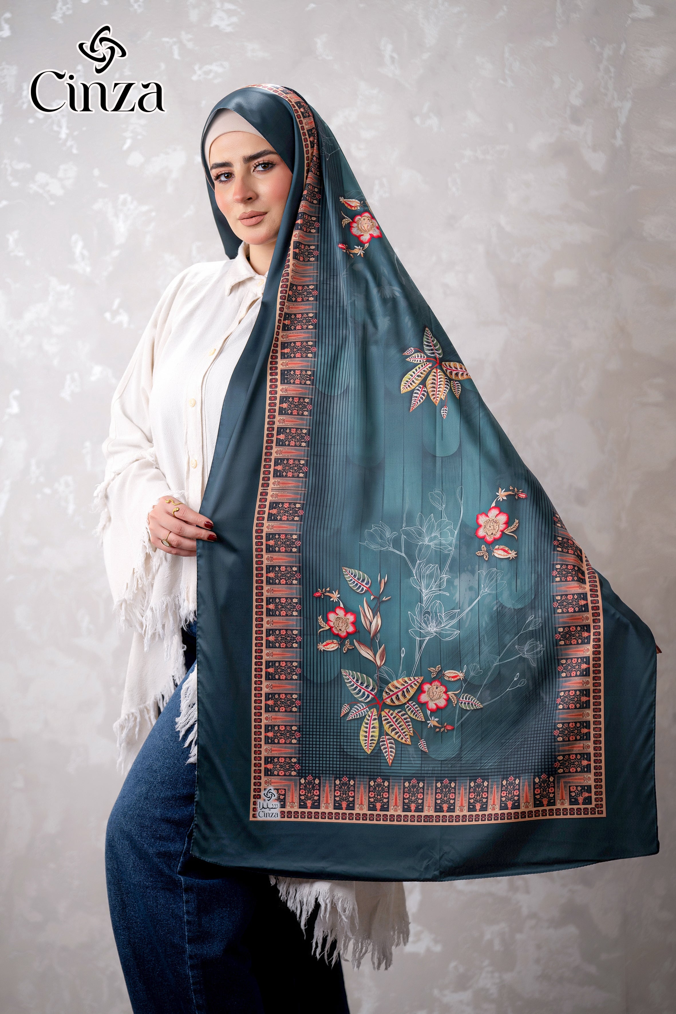 Forest Rose teal floral printed satin hijab by Cinza