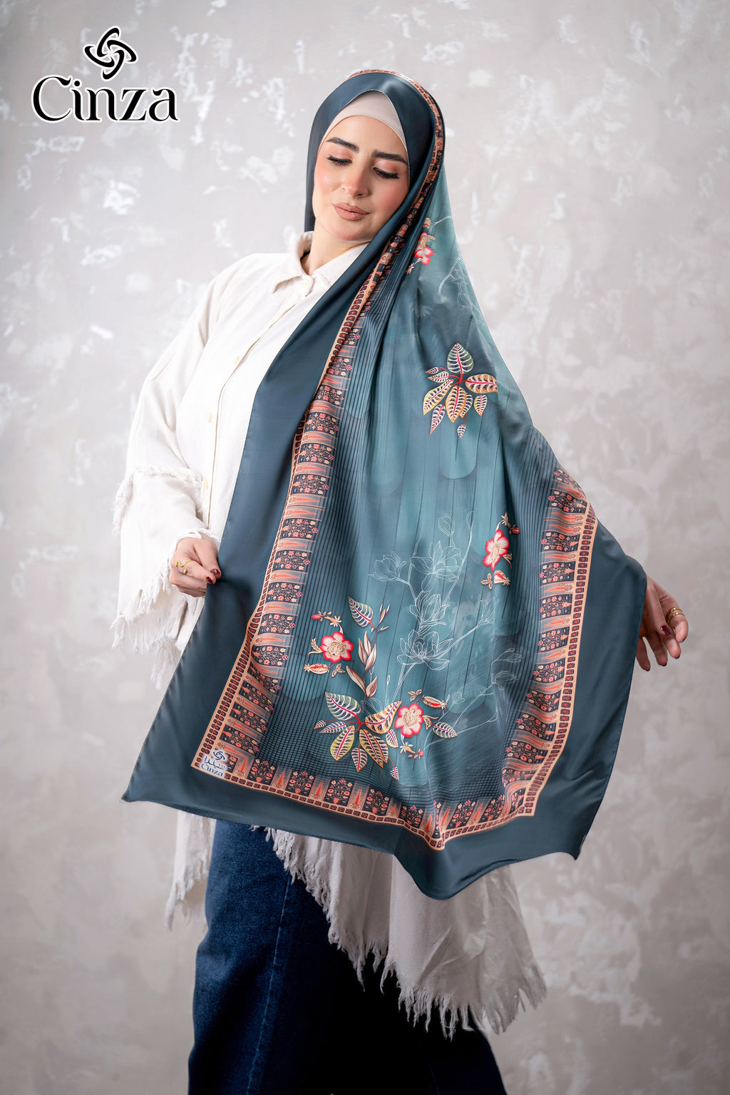 Soft satin hijab with teal floral border design