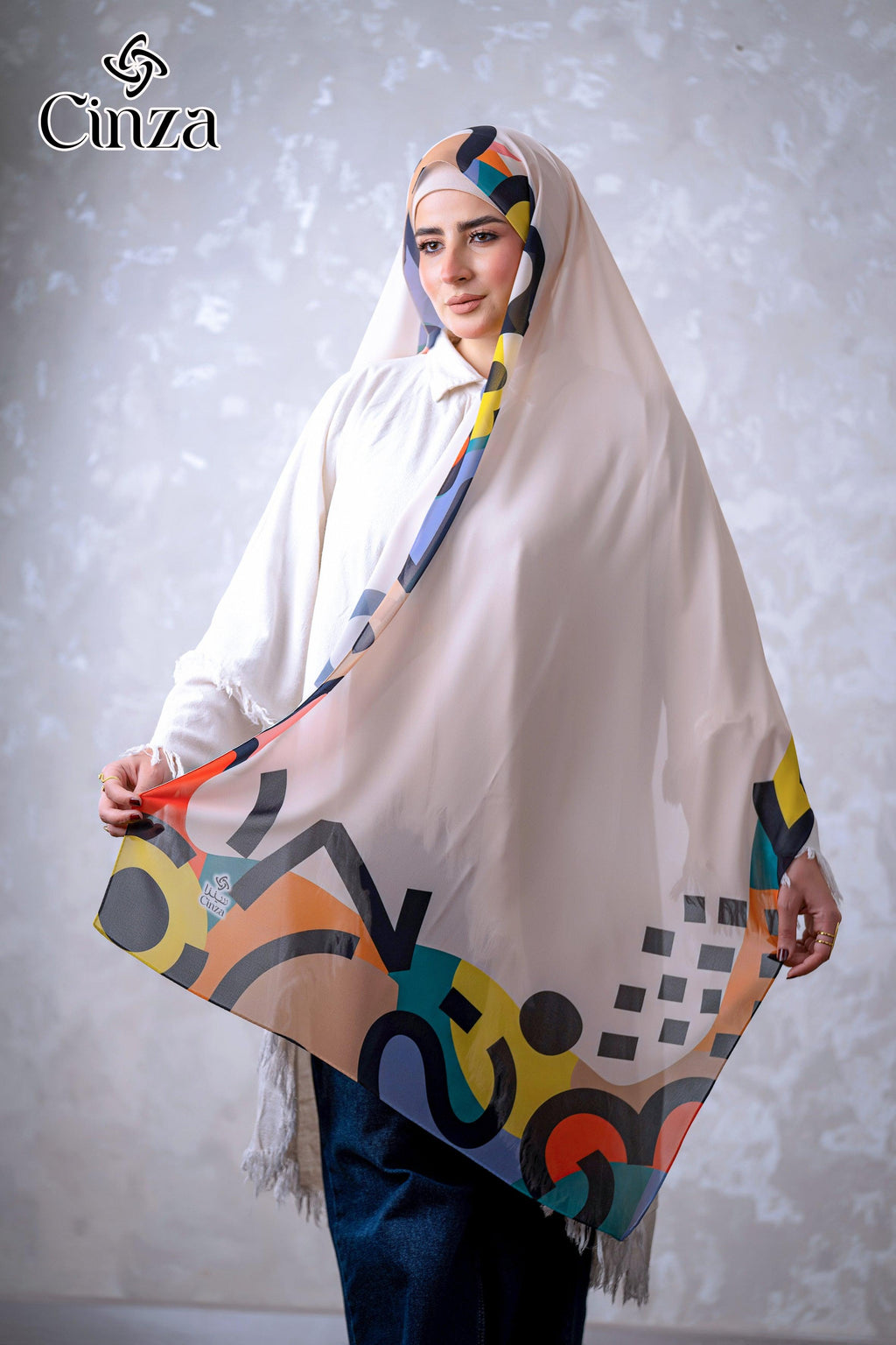 White printed chiffon hijab styled on model