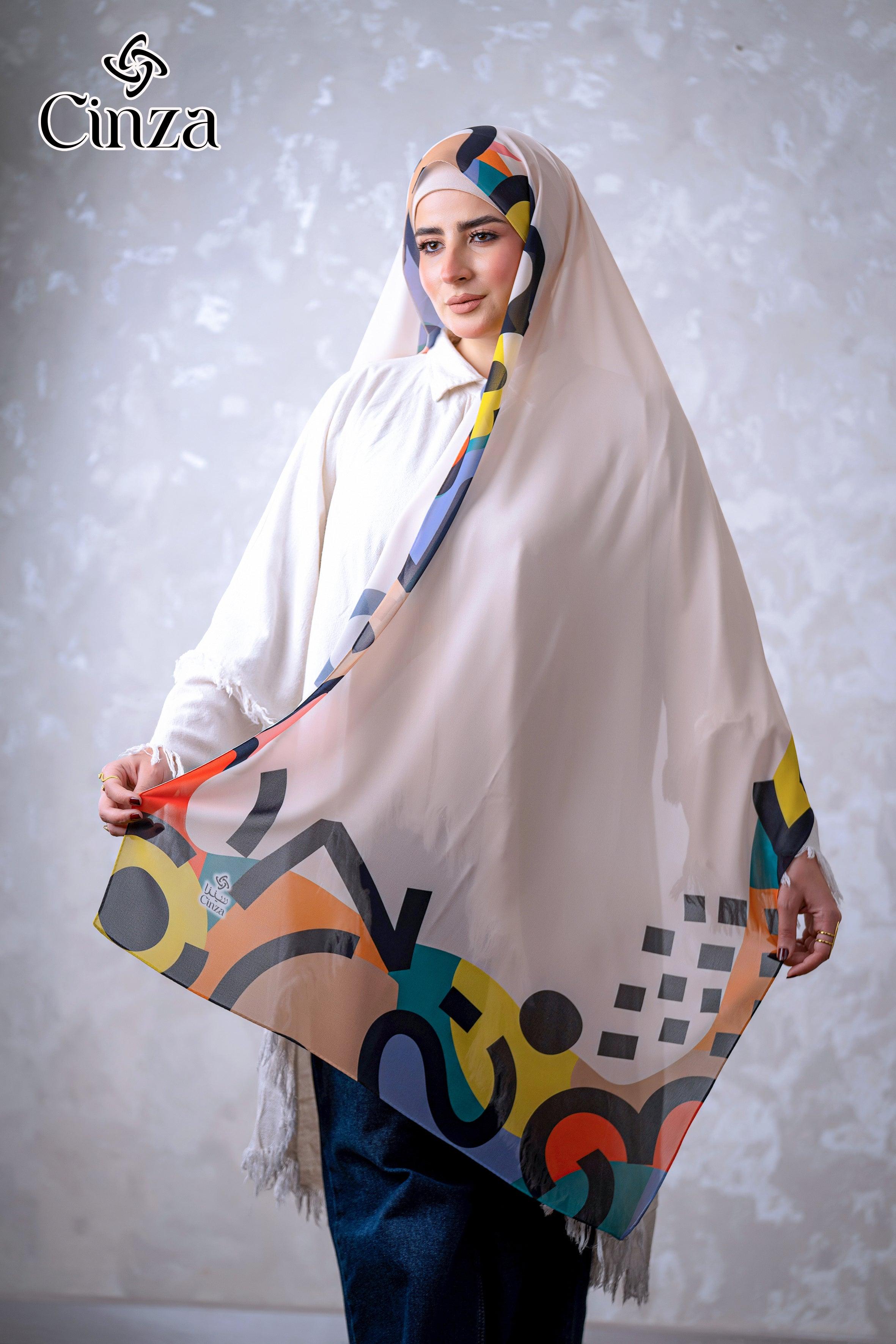 White printed chiffon hijab styled on model