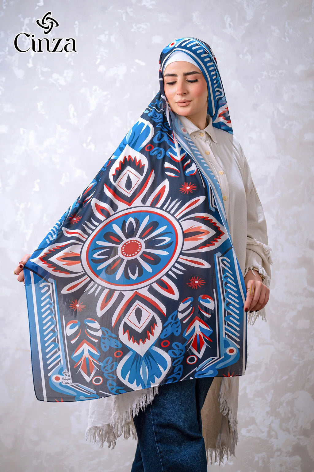 Blue printed chiffon hijab Sapphire Glow by Cinza