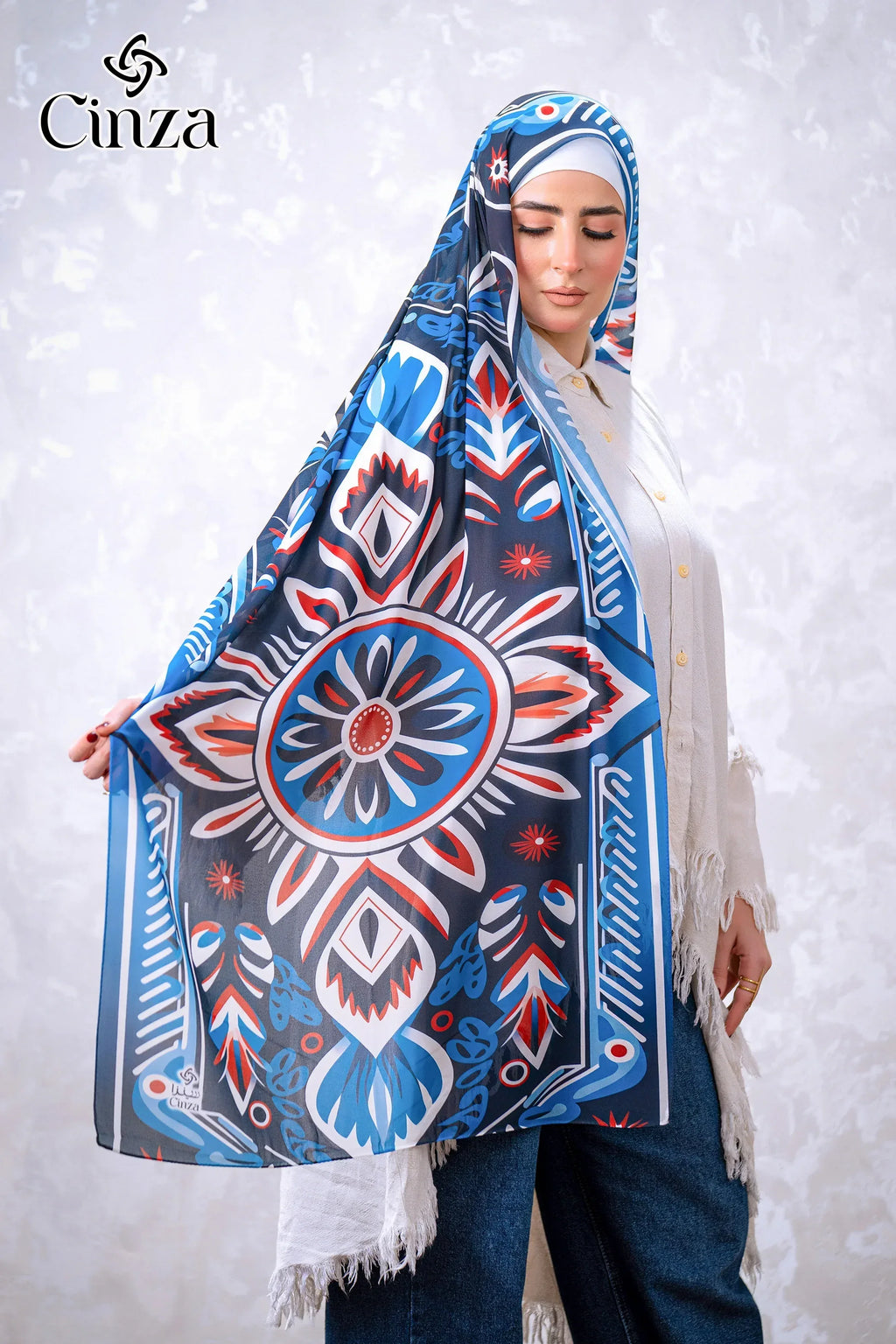 Blue printed chiffon hijab Sapphire Glow by Cinza 2