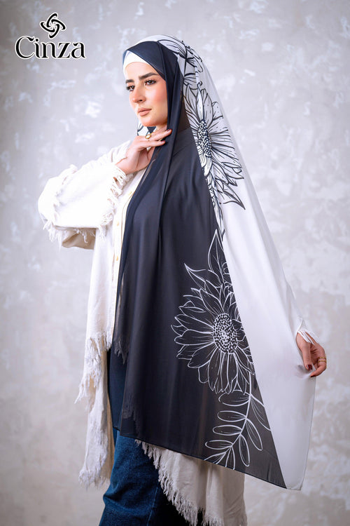 Printed chiffon hijab in black and white floral pattern