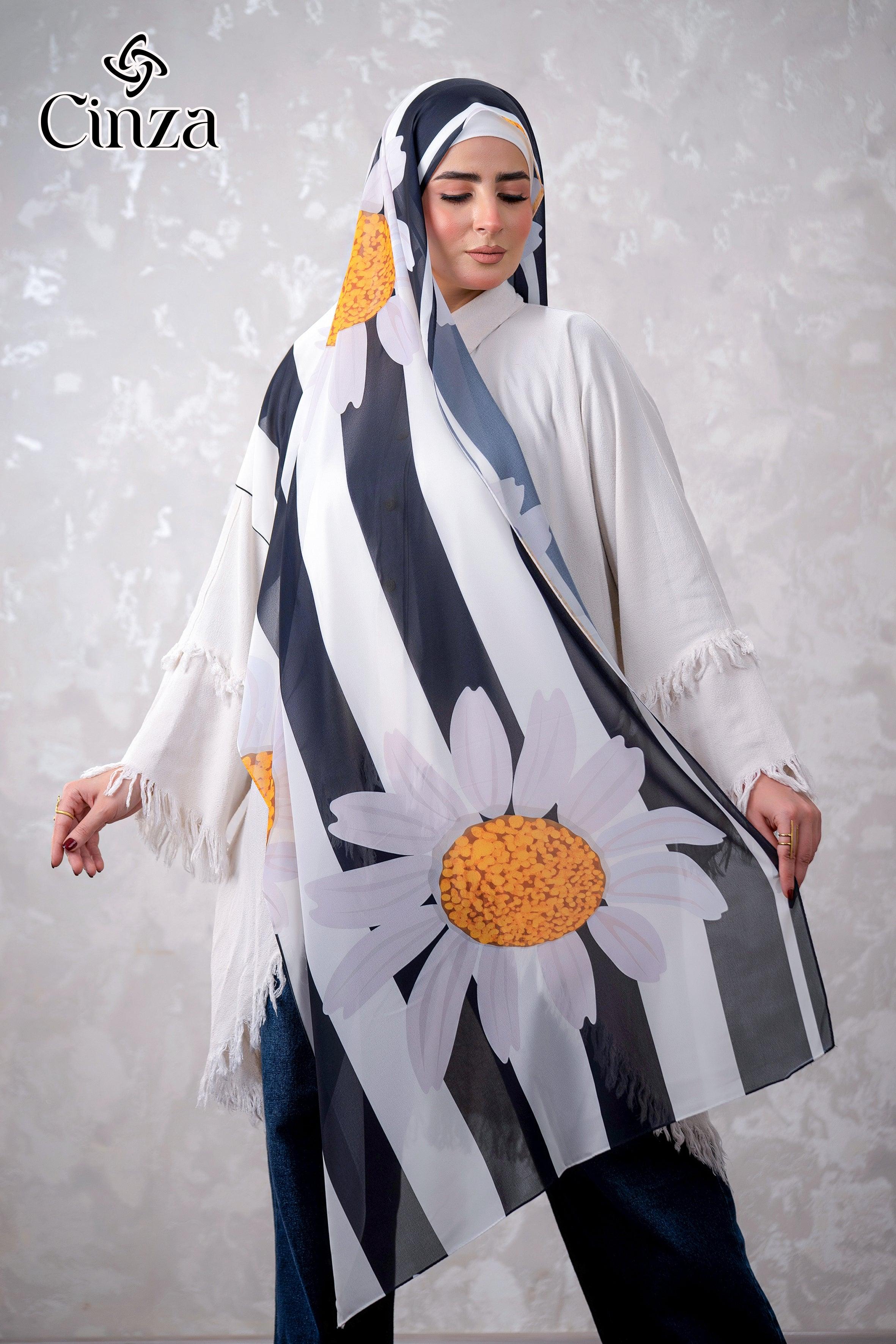 Elegant floral chiffon hijab in black and white