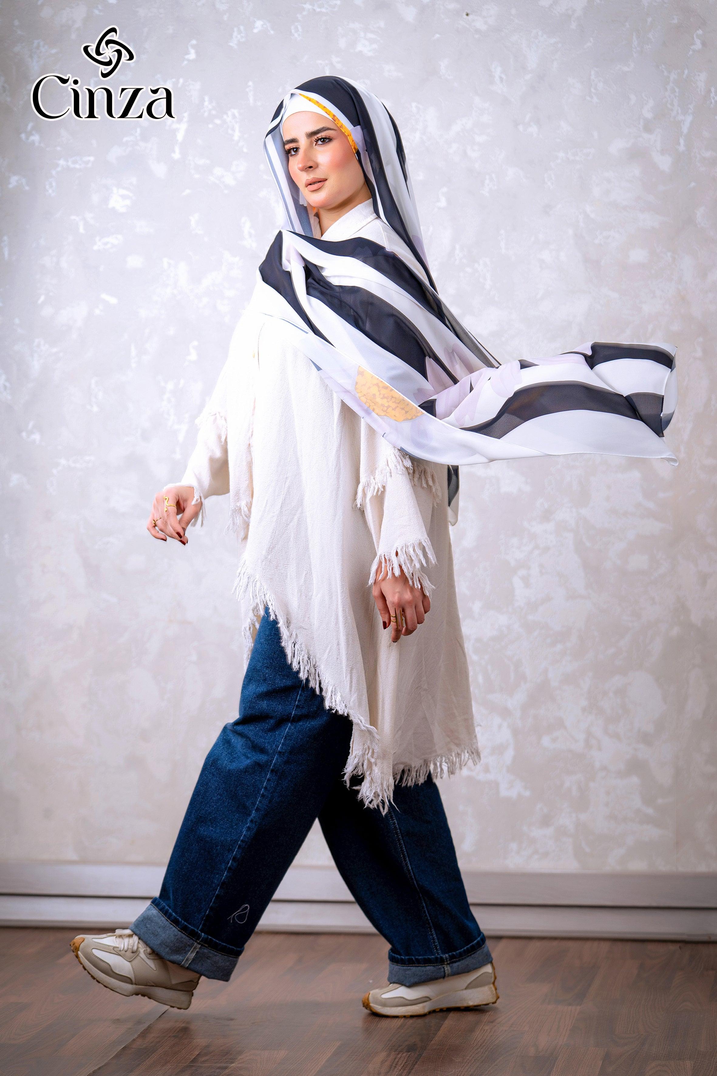 Elegant floral chiffon hijab in black and white 2