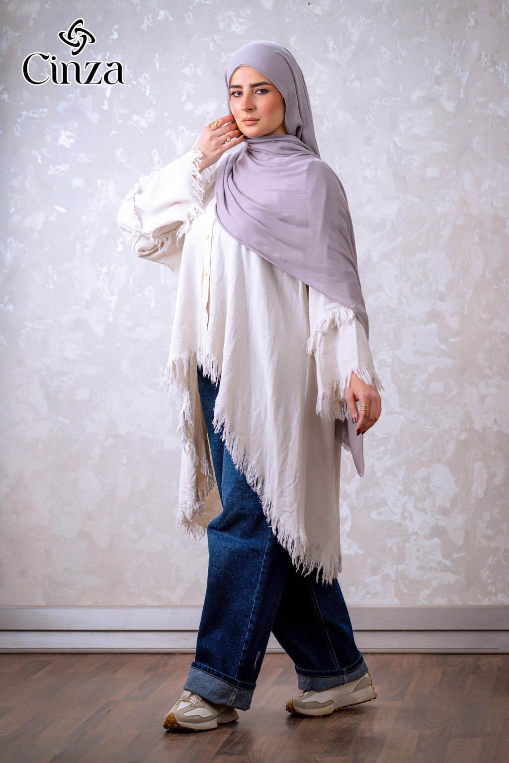 Light gray cotton hijab styled on model
