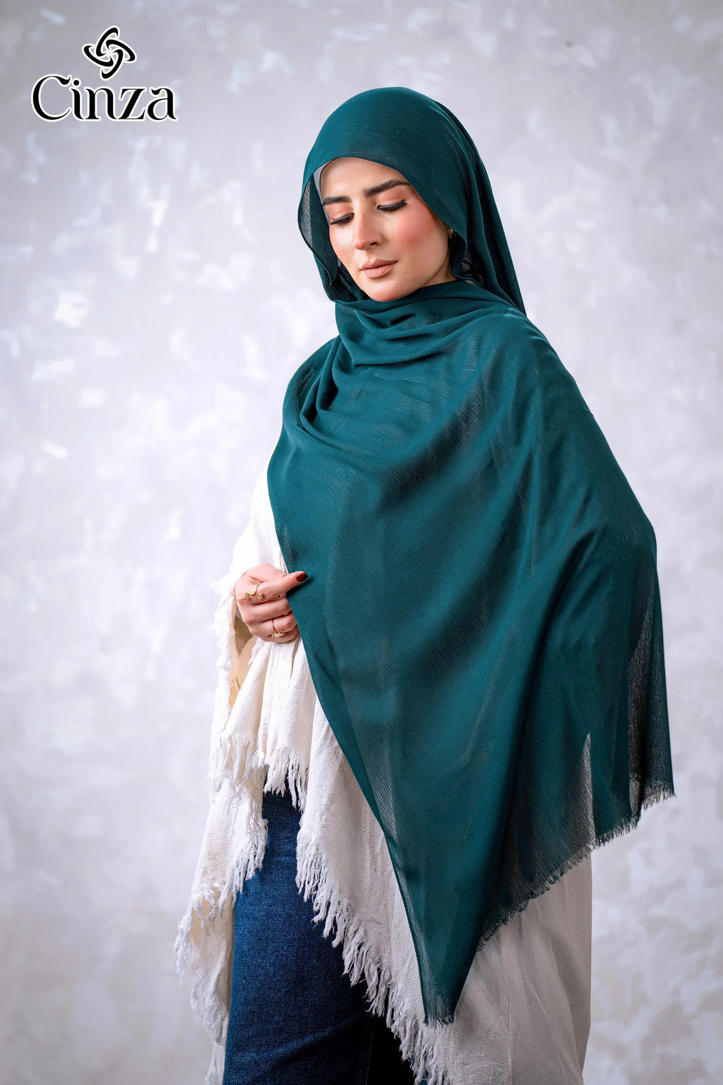 Peacock green cotton hijab styled on model
