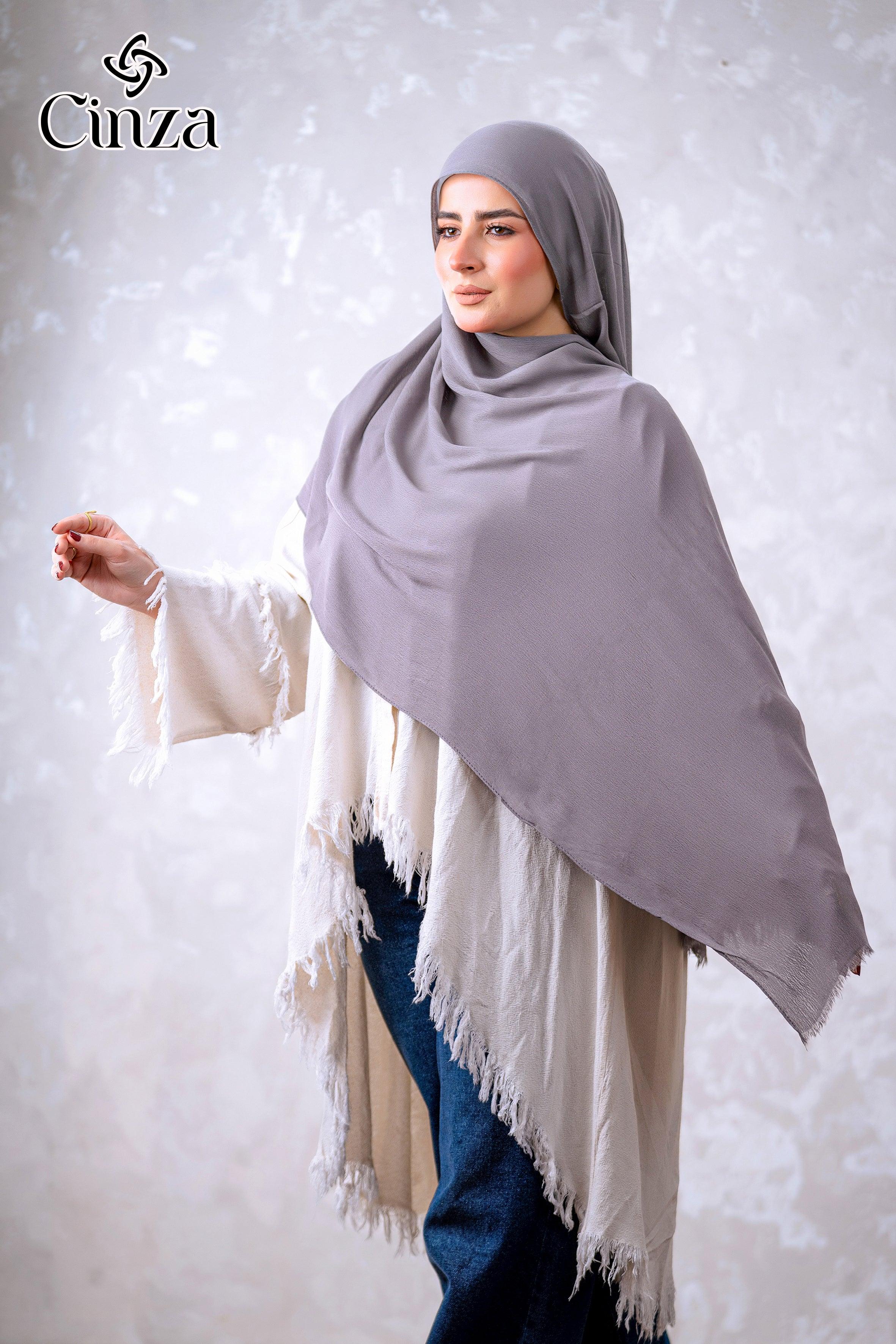 Gray cotton hijab styled on model
