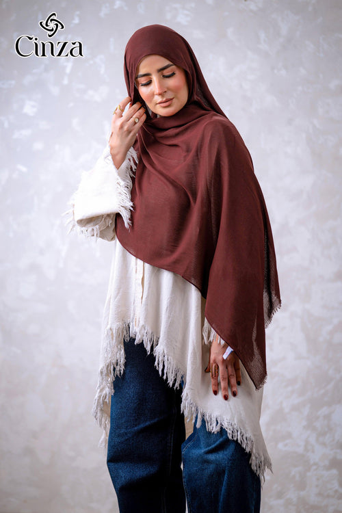 Brown cotton hijab styled on model
