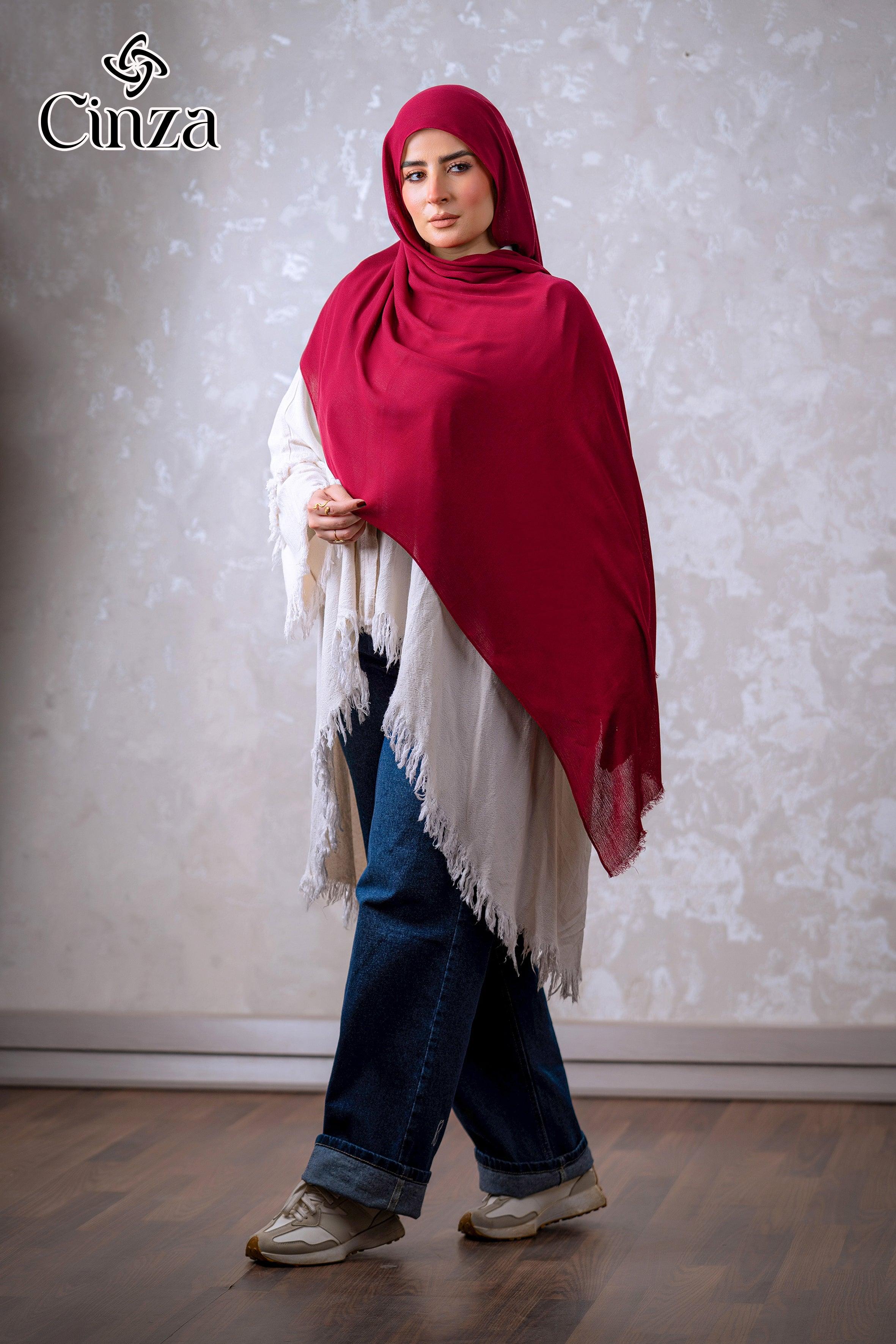 Burgundy cotton hijab styled on model