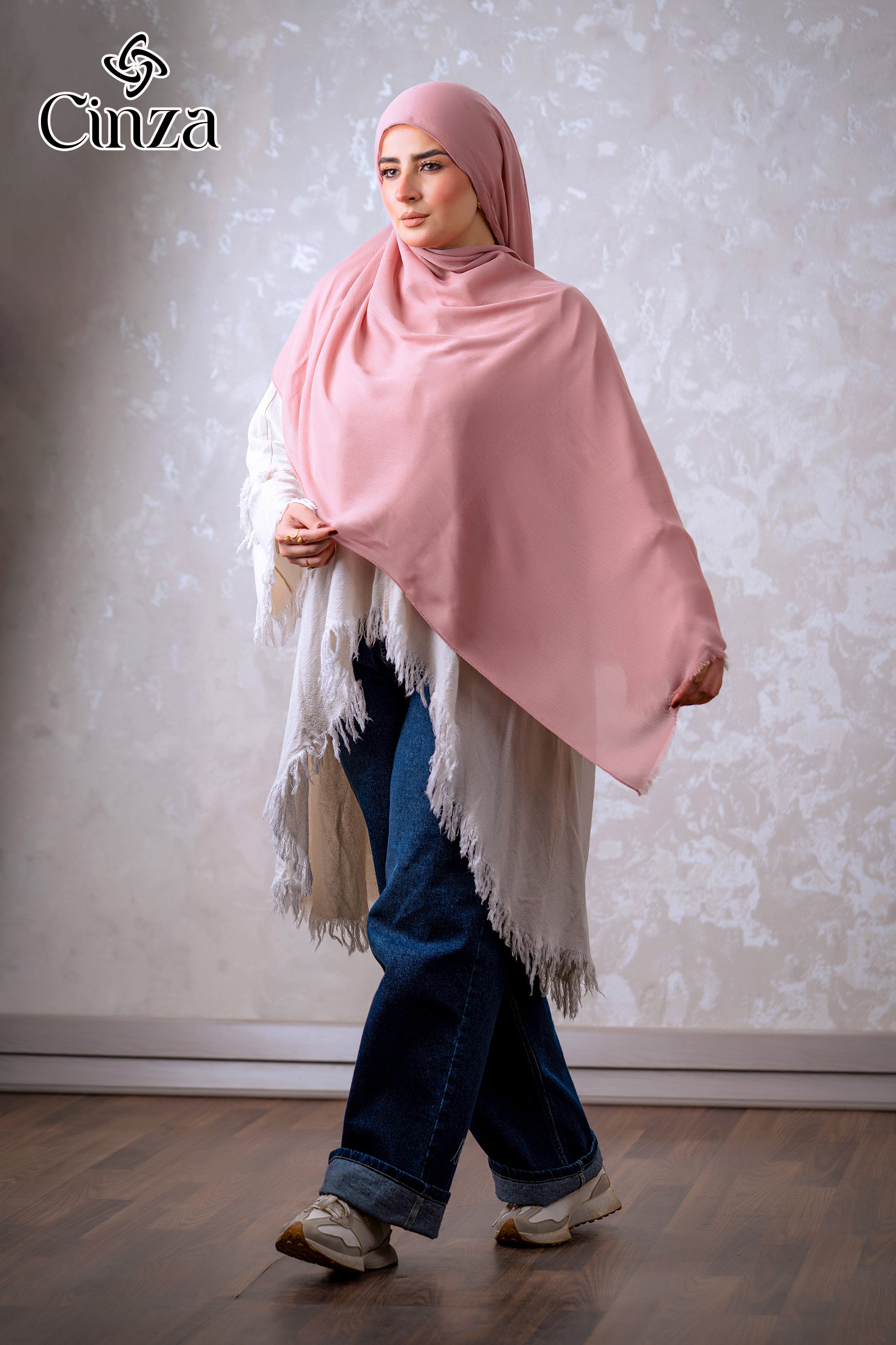 Baby pink cotton hijab styled on model