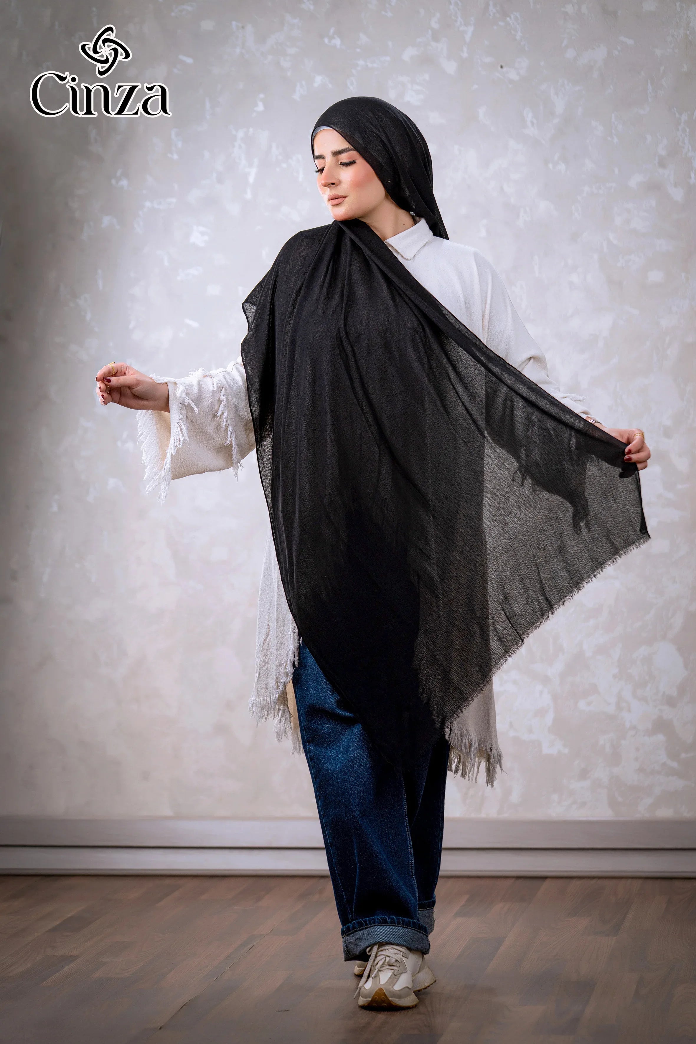 Black cotton hijab styled on model