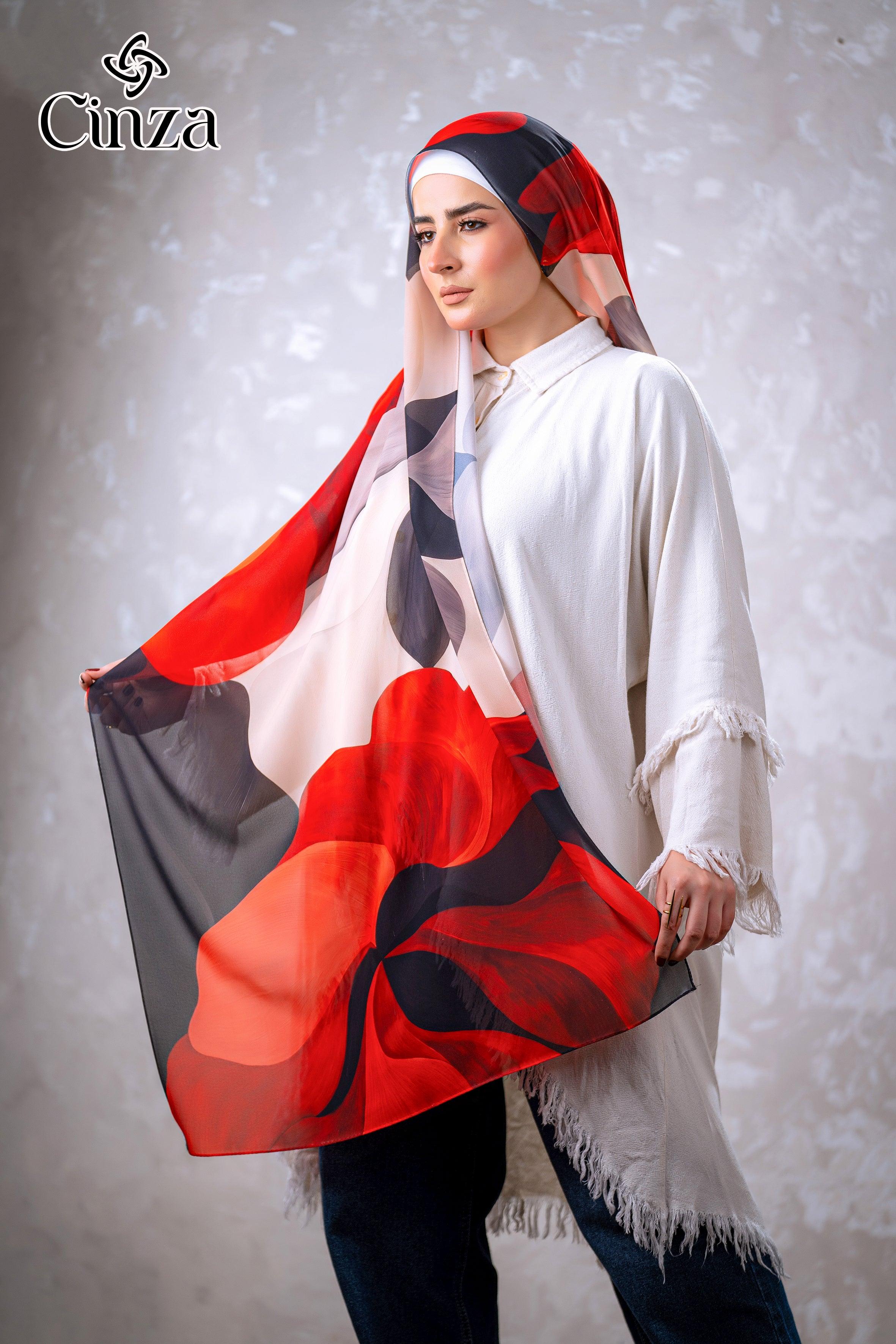 Red floral print chiffon hijab styled on model