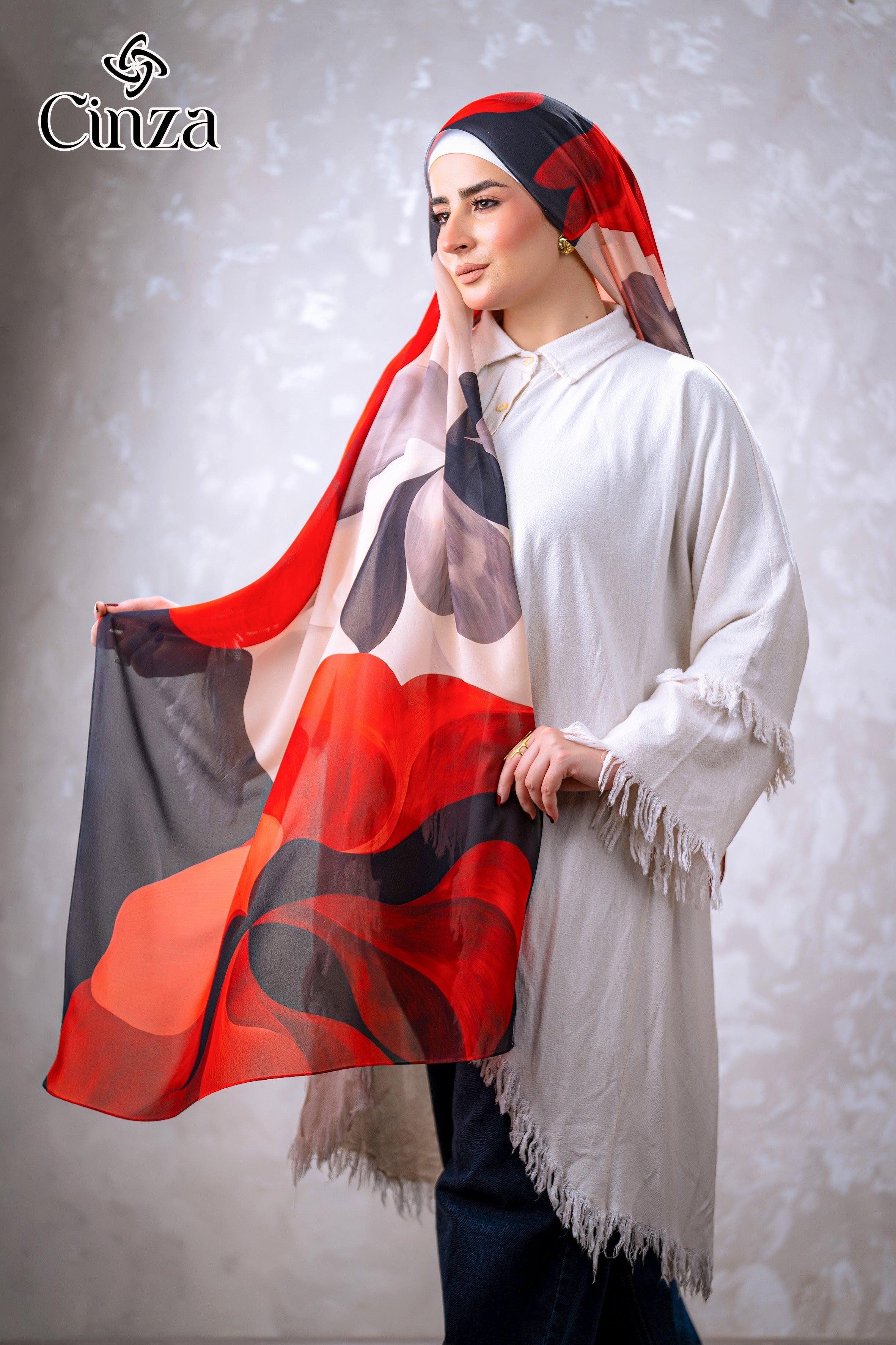 Lightweight red printed chiffon hijab for women