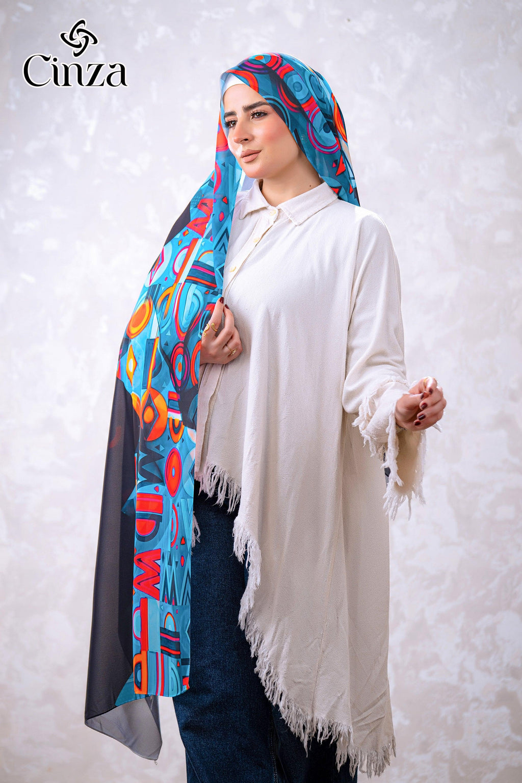 Black printed chiffon hijab with blue and red pattern