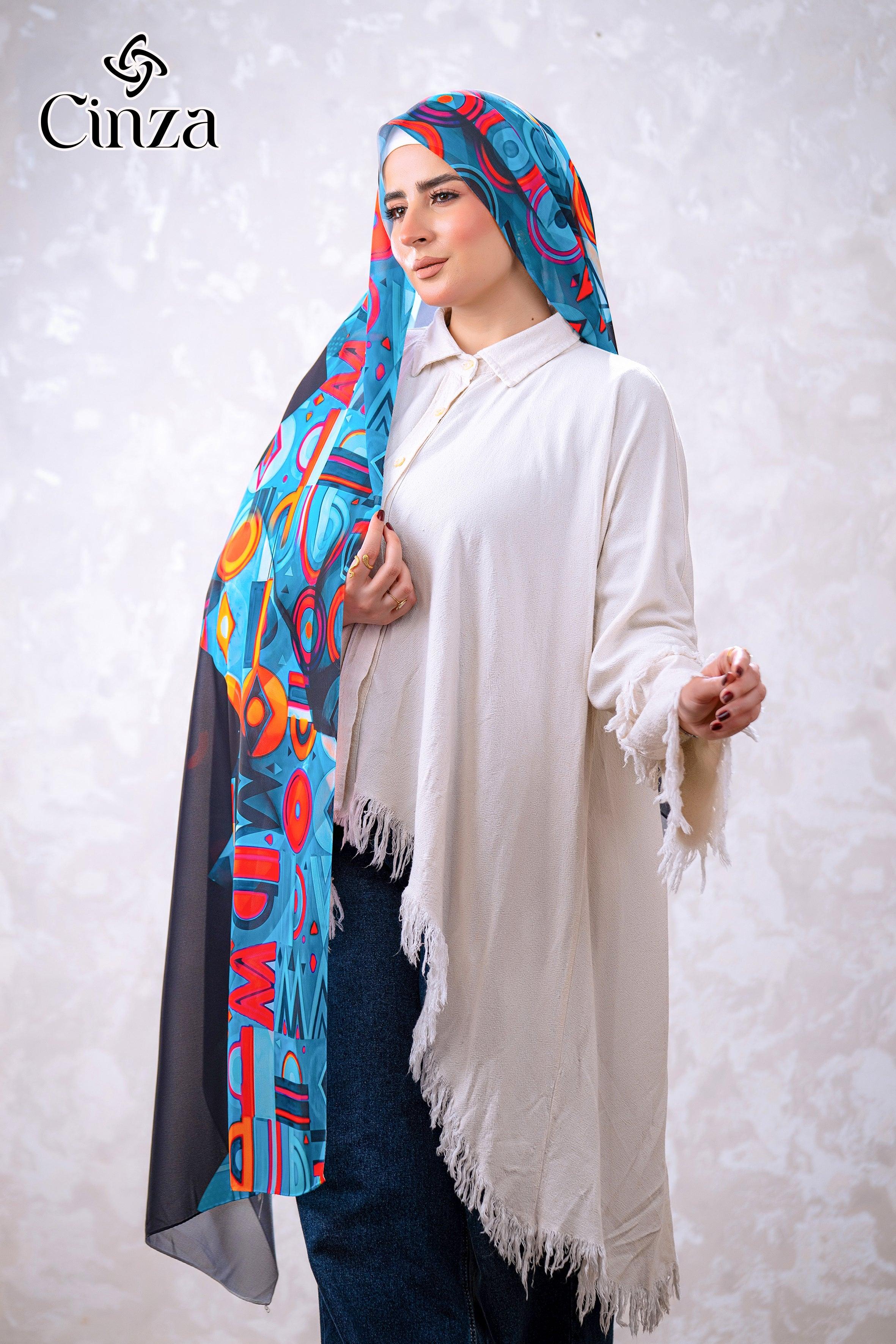 Black printed chiffon hijab with blue and red pattern