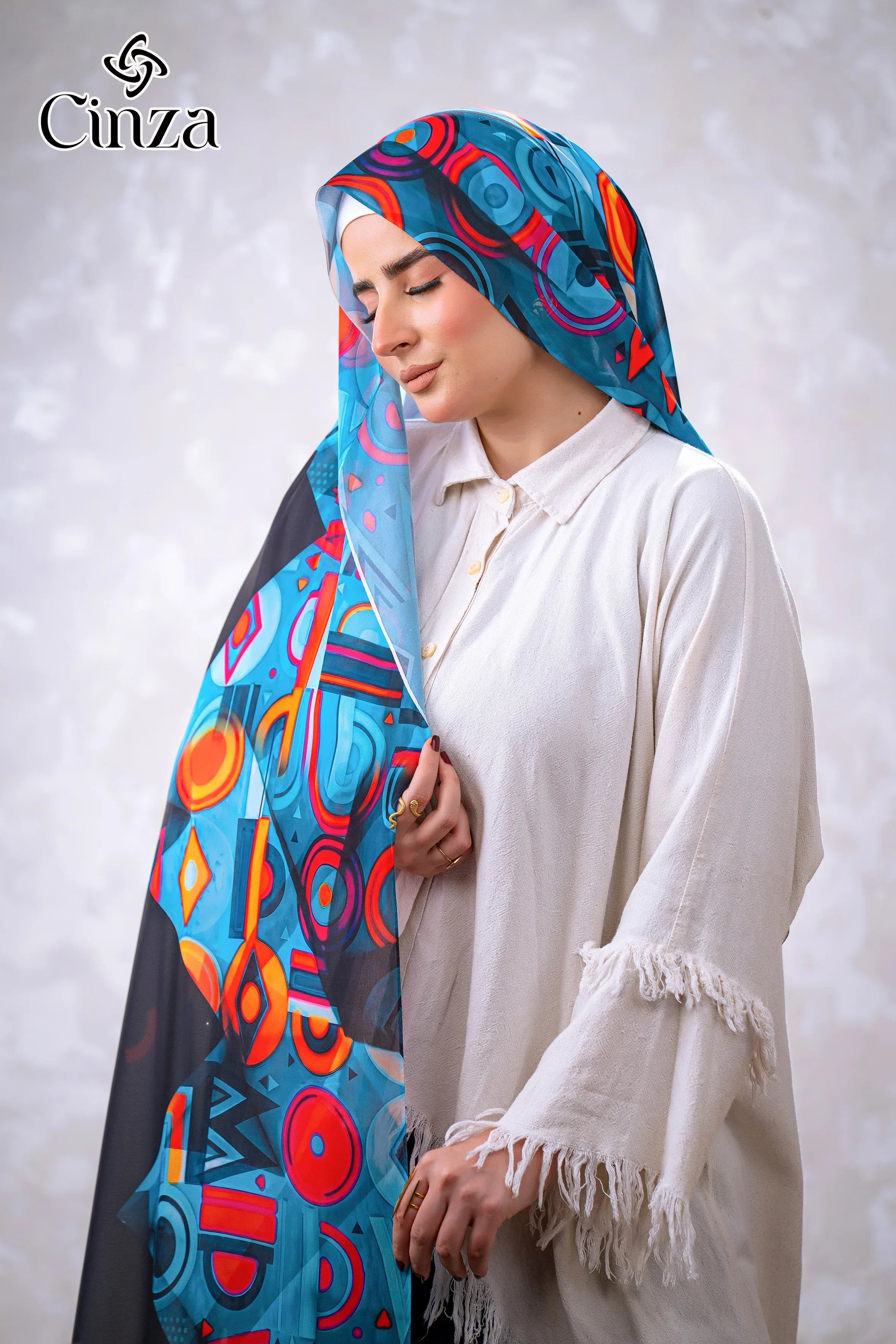 Geometric print chiffon hijab styled on model