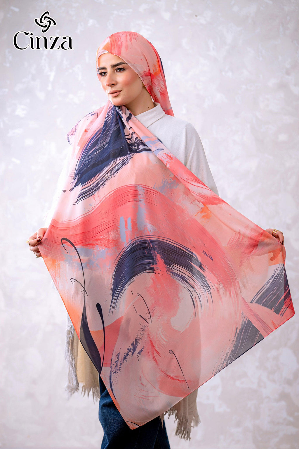 Pastel printed chiffon hijab styled on model