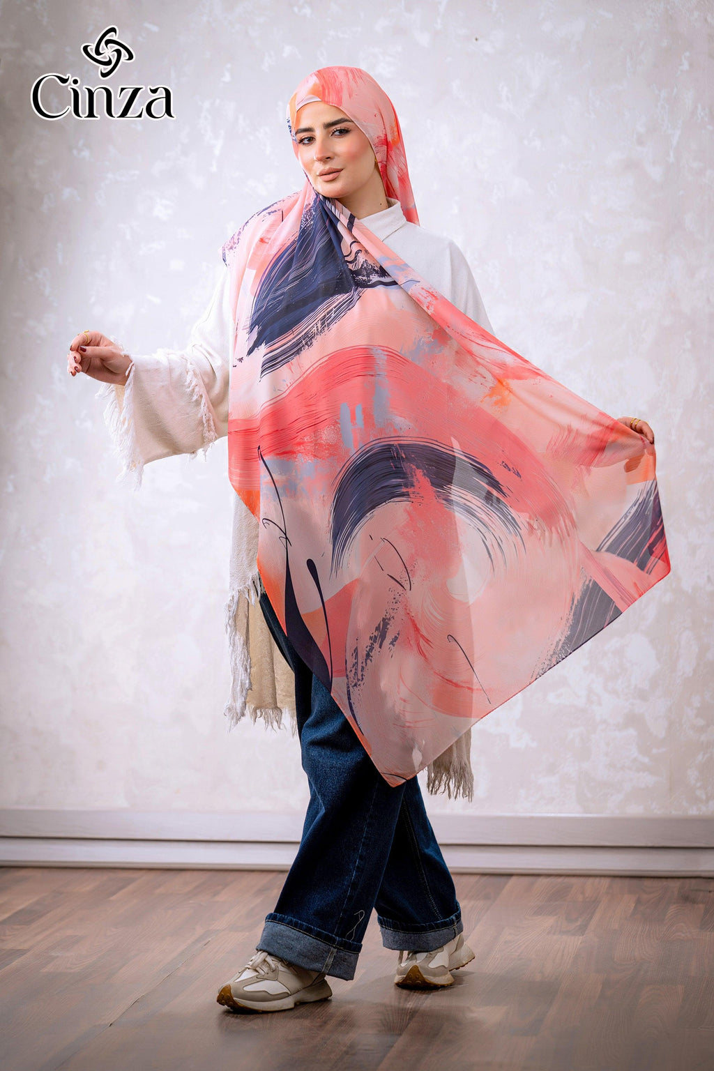 Pink abstract print chiffon hijab for women
