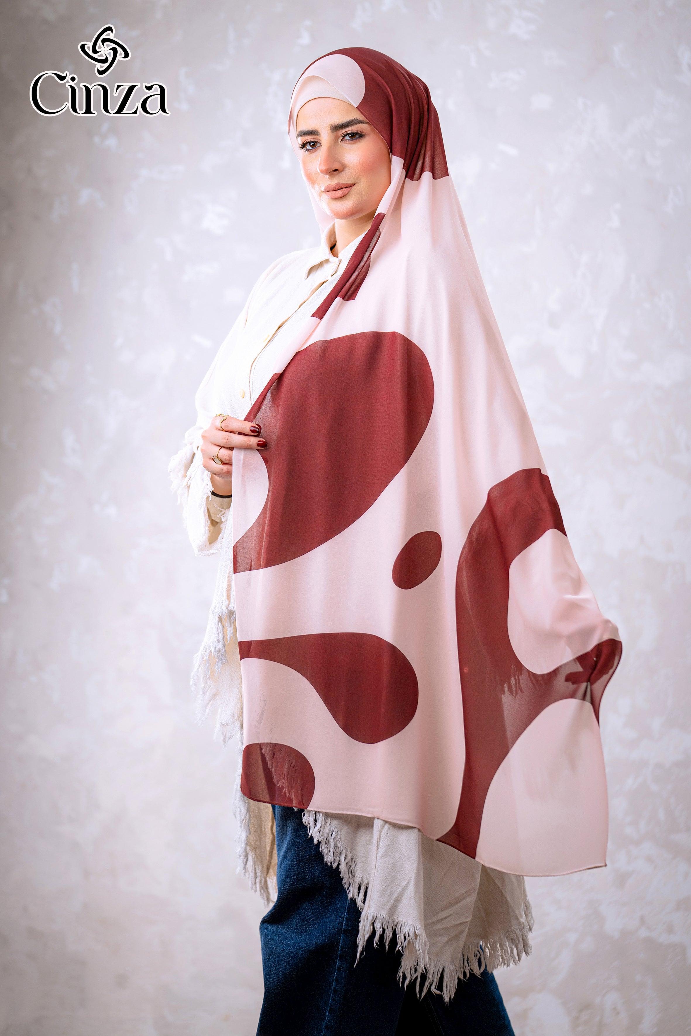 Burgundy abstract print chiffon hijab styled on model