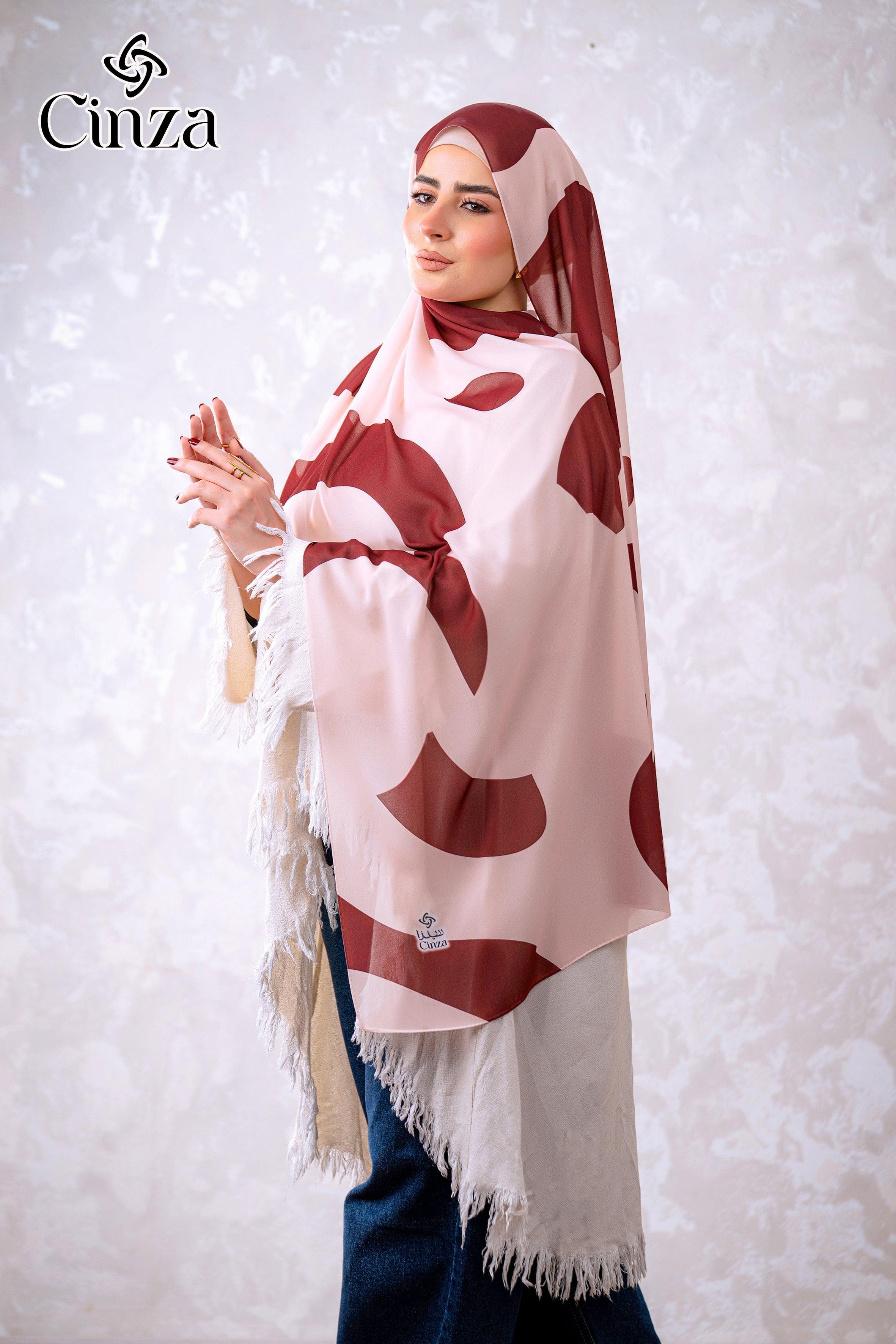 Lightweight printed chiffon hijab in burgundy and neutral tones